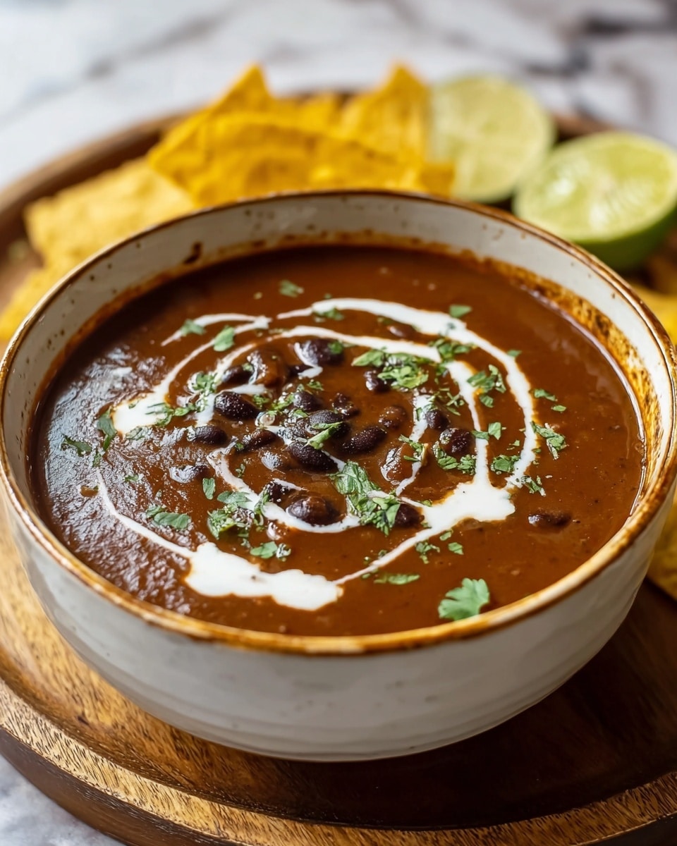 A deep white bowl filled with thick dark brown soup with visible black beans scattered throughout. On top, there is a swirl of white cream drizzled in a circular pattern, some chopped green cilantro leaves, and small pieces of red tomato adding a fresh color contrast in the center. The bowl sits on a red patterned cloth placed on a wooden surface, with a corner showing a few white tortilla chips and a wedge of lime in the background. Photo taken with an iphone --ar 4:5 --v 7