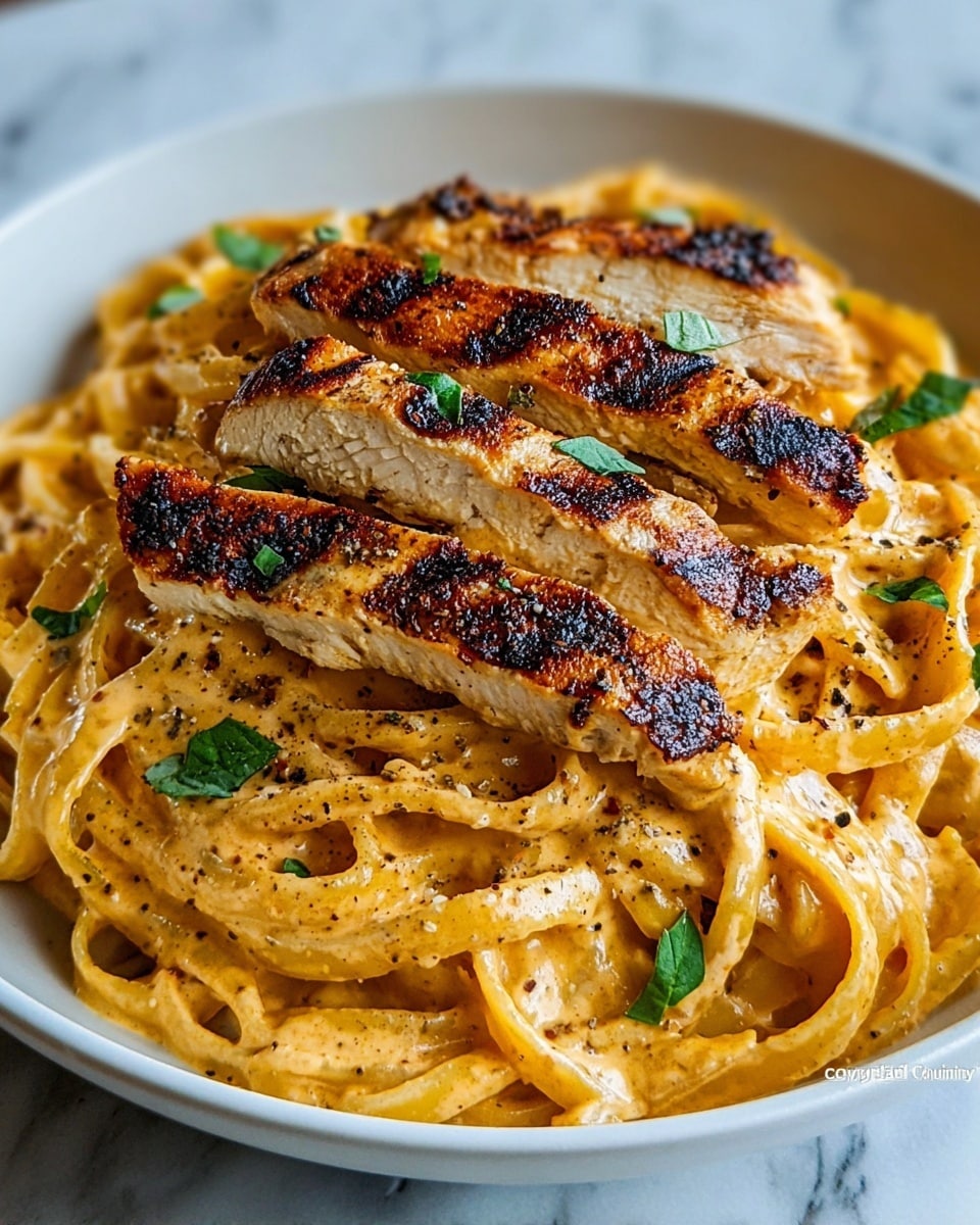 The image shows a white bowl filled with creamy pasta at the bottom, appearing smooth and coated with a golden-yellow sauce with small dark specks of seasoning throughout. On top of the pasta are several thick, grilled chicken strips placed side by side, each with a golden brown and slightly charred surface that looks juicy and tender. Small white shavings of cheese are sprinkled over the chicken, along with a few green herb leaves as garnish. The bowl is set on a white marbled surface. photo taken with an iphone --ar 4:5 --v 7