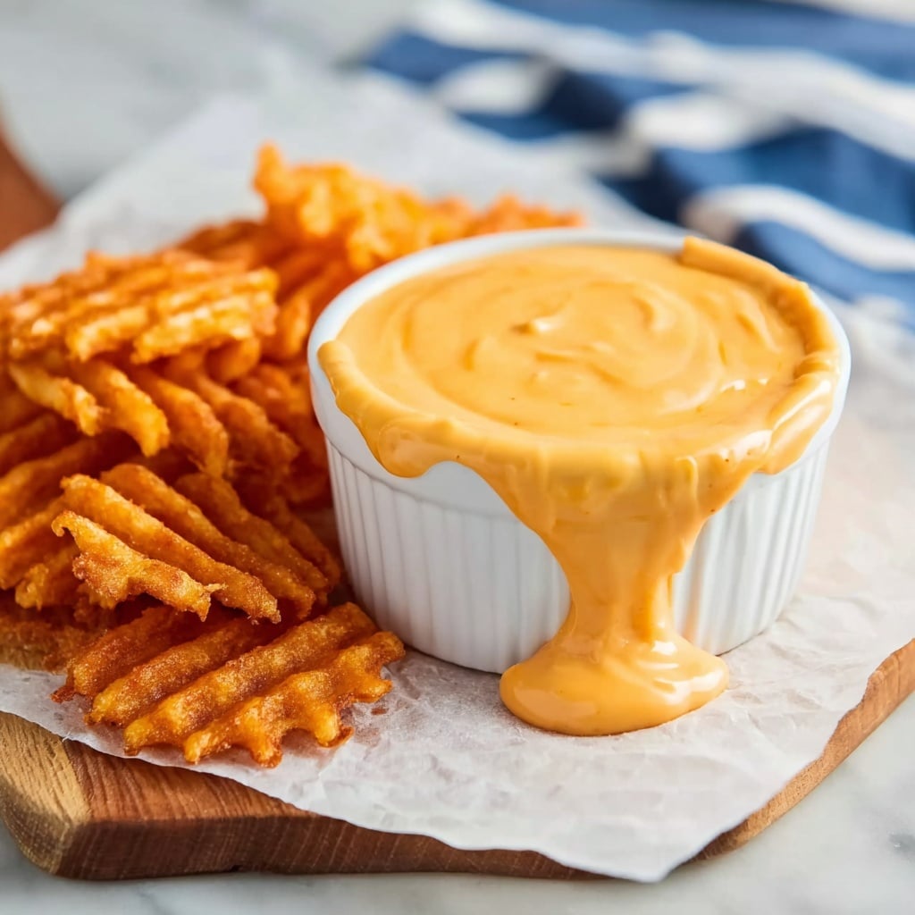 A white ceramic ramekin filled with thick, creamy orange cheese sauce is placed on a white marbled surface, with the sauce overflowing and dripping down the side. Next to the ramekin are several crispy waffle-cut fries, arranged in a loose pile showing their golden orange color and textured ridges. The ramekin and fries rest on white parchment paper on top of a light wooden board, with a blue and white striped cloth visible slightly blurred in the background. The image has bright, natural lighting showing clear textures and colors. photo taken with an iphone --v 7