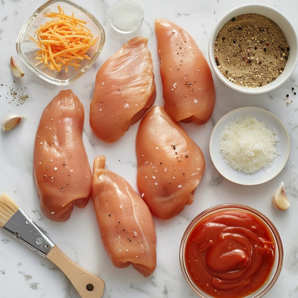 The image shows several pieces of cooked chicken placed closely together in a white dish on a white marbled surface. Each piece is covered with a creamy white sauce that has visible small mushroom slices mixed in. There is melted cheese on top of the sauce, slightly browned in some areas. Fresh green chopped herbs are sprinkled over the cheese, adding color contrast. The texture of the chicken appears crispy with a golden-brown color peeking through the sauce. A woman's hand is holding one piece on the edge of the dish. Photo taken with an iphone --v 7
