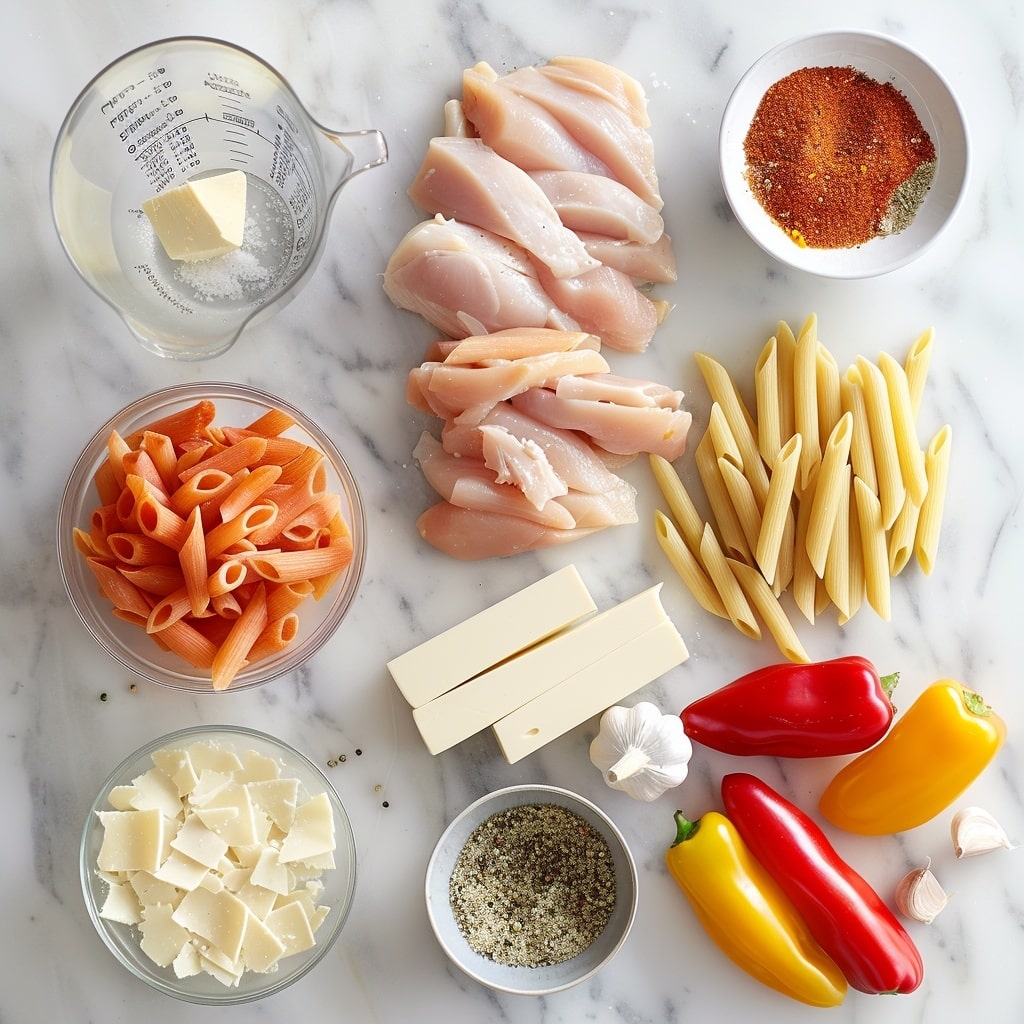A close-up view of a creamy pasta dish in a white bowl, showing three layers of food: the bottom layer is light yellow twisted pasta with a soft texture, the middle layer is a rich, creamy white sauce evenly coating the pasta, and the top layer features golden-brown, seared pieces of chicken scattered with small bright red tomato chunks and tiny green herb bits evenly spread across the dish. The pasta and sauce have a glossy shine, with the chicken pieces showing a slightly crispy, textured surface. The white marbled background contrasts softly with the warm tones of the food photo taken with an iphone