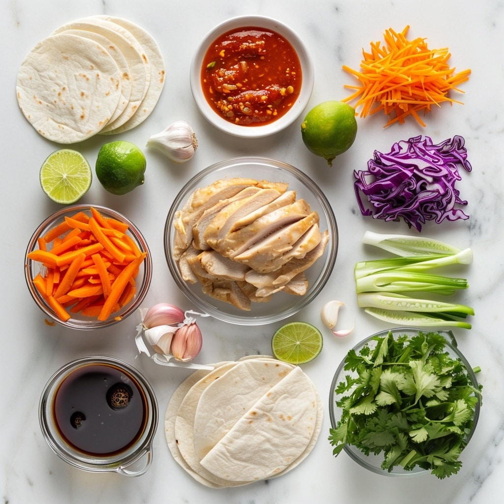 A close-up of a wrap cut in half, showing three main layers inside: the top layer has white cooked chicken pieces with a shiny red-brown sauce, the middle layer contains fresh green leafy vegetables, and the bottom layer has more chicken with sauce mixed with herbs. The wrap is light brown with grilled spots and is placed on a wooden board, with blurred chopped vegetables in the background on a white marbled surface. Photo taken with an iphone --v 7