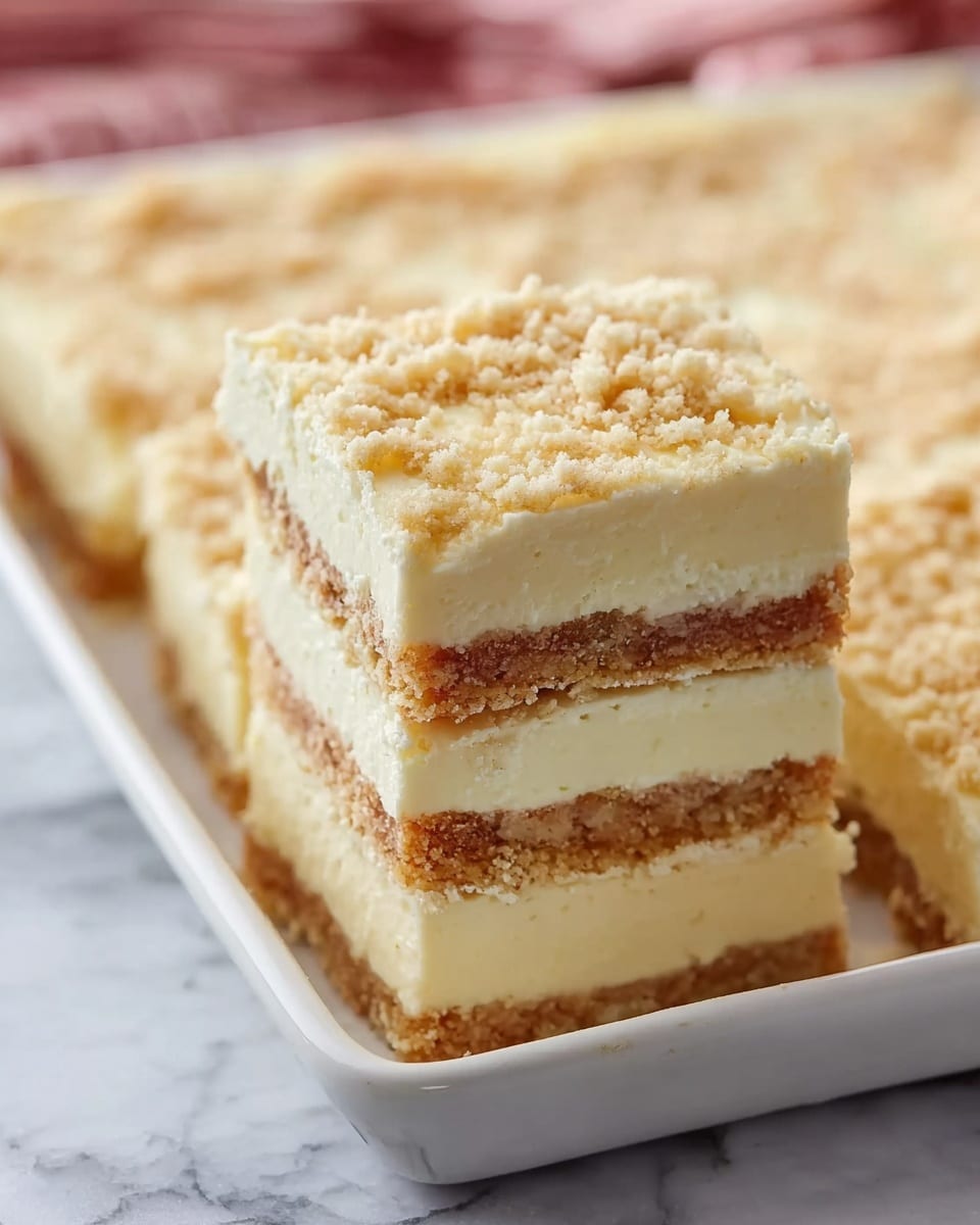 A large white rectangular baking dish filled with a multi-layered cheesecake bar dessert, showcasing thick creamy cheesecake layers alternating with crumbly golden crusts throughout, topped with a generous layer of fine crumb topping, all edges clean and intact, presented in full with no portions removed, photographed at a 3/4 angle on a white marble countertop with soft natural lighting, styled as a hero food magazine shot, photo taken with an iphone --ar 4:5 --v 7