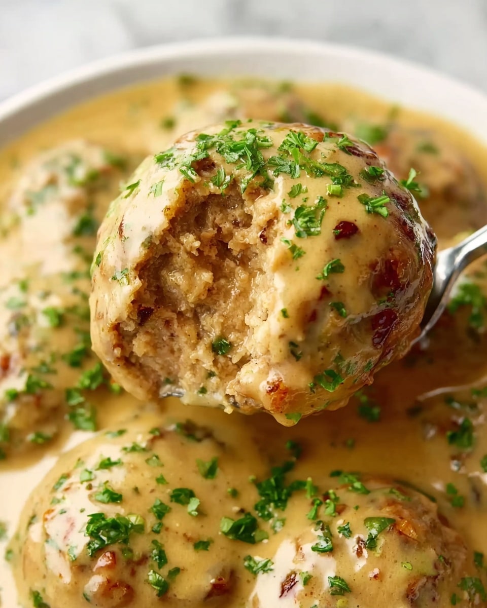 Large white cooking pot filled with evenly browned chicken meatballs simmering in a rich, creamy golden sauce, generously garnished with freshly chopped parsley scattered across the surface, whole dish showcased from a 3/4 angle on a white marble countertop, natural lighting highlighting the warm tones and textures, professional food magazine hero shot, photo taken with an iphone --ar 4:5 --v 7