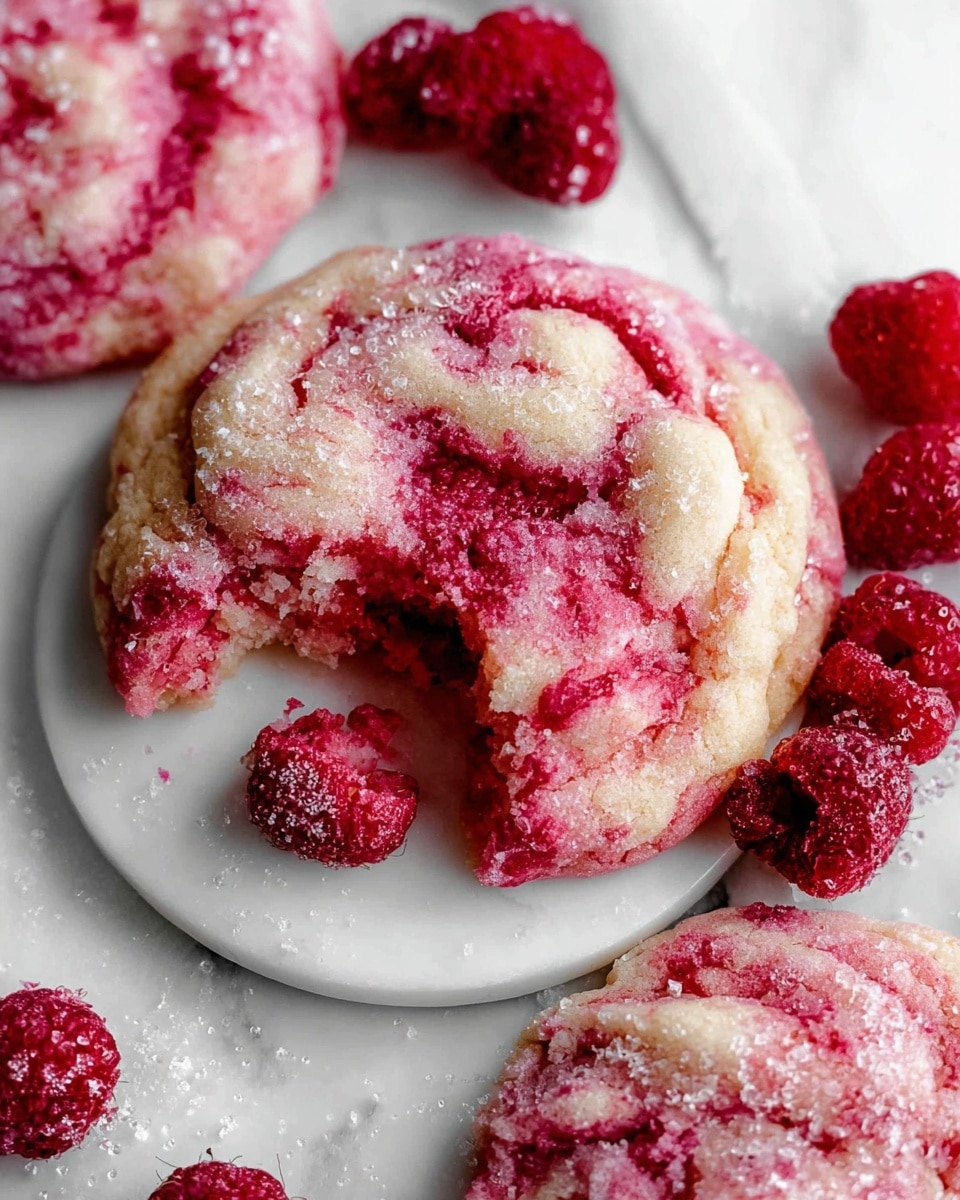 A large white rectangular platter overflowing with freshly baked raspberry swirl cookies, each cookie showcasing vibrant pink and red berry swirls throughout a soft, sugar-coated surface, scattered with juicy whole raspberries and a small white bowl filled with granulated sugar on the side, all arranged on a pristine white marble countertop, captured in natural lighting from a professional 3/4 angle food magazine style hero shot, photo taken with an iphone --ar 4:5 --v 7