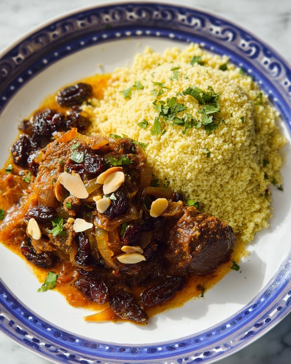 Large white serving dish filled with a whole Moroccan-style slow-cooked lamb tagine topped with caramelized onions, slivered almonds, and fresh herbs, accompanied by a generous mound of fluffy couscous studded with raisins, all bathed in rich golden saffron-infused sauce, presented as a complete traditional meal, photographed from a 3/4 angle on a white marble countertop with natural lighting, professional food styling photo taken with an iphone --ar 4:5 --v 7