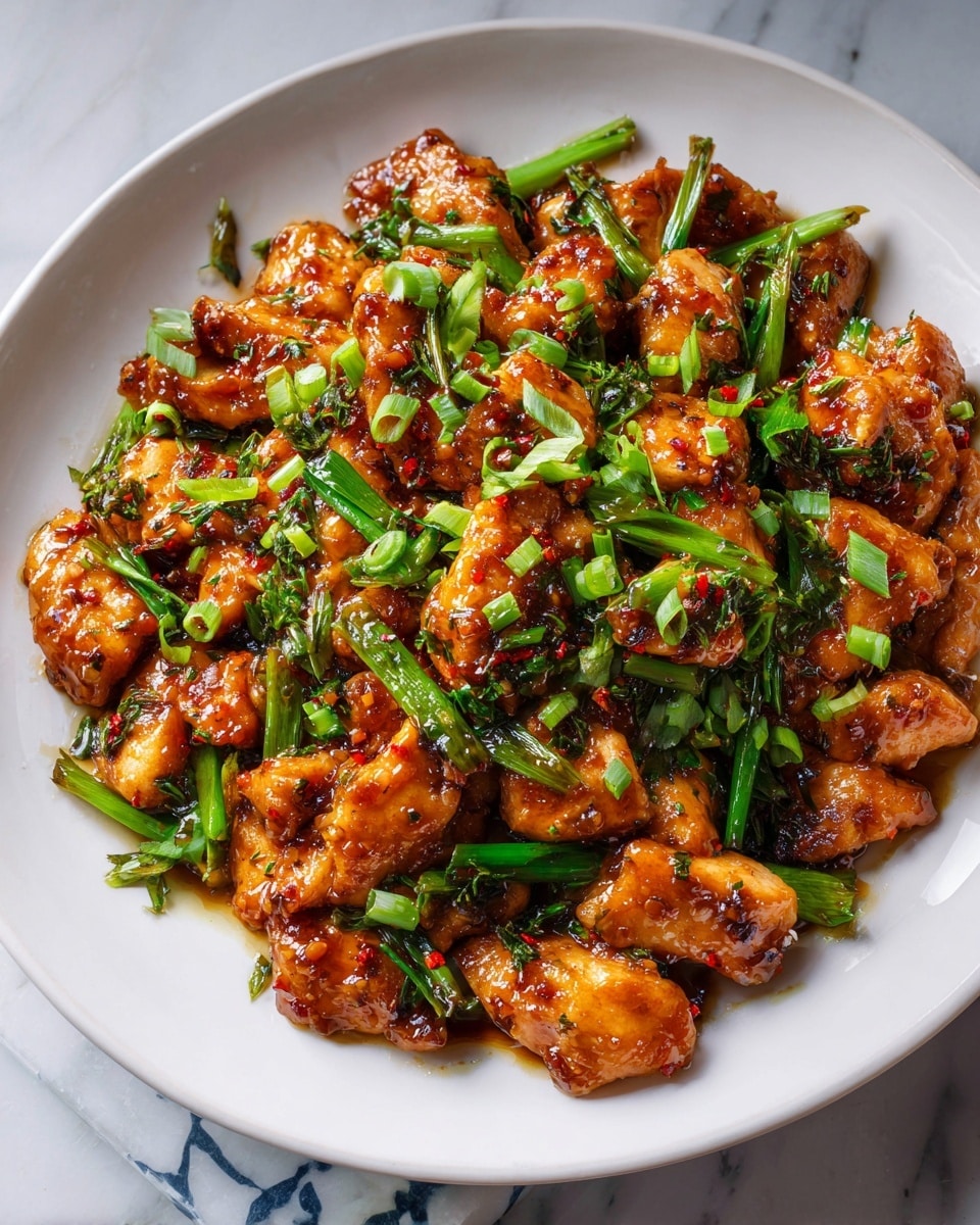 Large white serving platter piled high with tender glazed chicken pieces sautéed with vibrant green scallions and coated in a glossy, savory sauce with hints of caramelization and freshly cracked black pepper, garnished generously with chopped green onions, whole dish photographed from a 3/4 angle on a white marble countertop, natural lighting, professional food magazine hero shot photo taken with an iphone --ar 4:5 --v 7