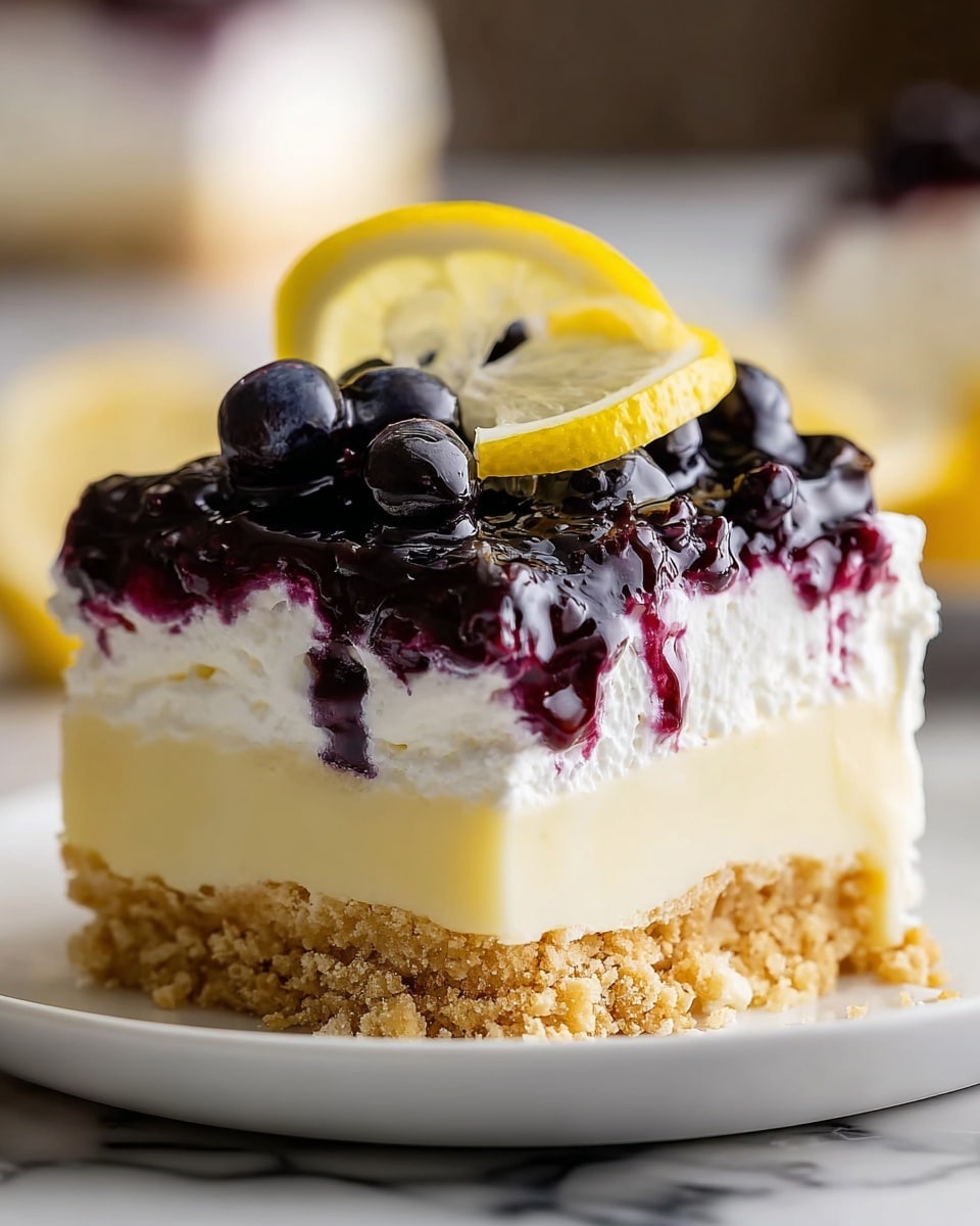 Whole, uncut square lemon blueberry dessert on a large white plate, featuring a thick crumbly golden graham cracker crust, a smooth pale yellow lemon custard layer, topped with a generous layer of fluffy white whipped cream and glossy, plump whole blueberries in shiny blueberry sauce dripping slightly down the sides, garnished with a fresh thin lemon wedge on top, fresh blueberries scattered around the plate, photographed from a 3/4 angle on a white marble countertop with soft natural lighting, professional food magazine hero shot photo taken with an iphone --ar 4:5 --v 7