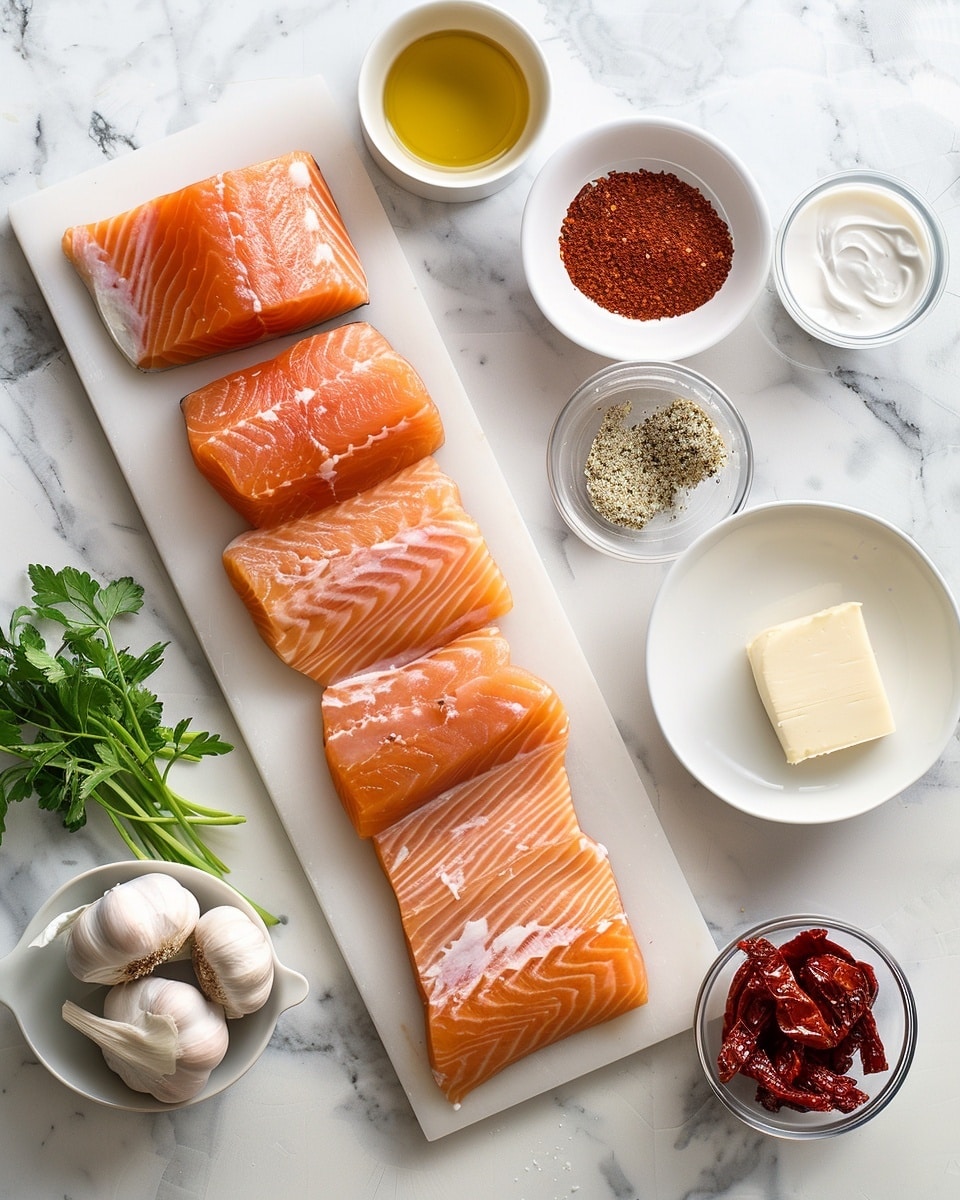 Single white plate with one perfectly seared salmon fillet resting in a shallow pool of creamy buttery sauce, garnished with finely chopped fresh parsley and crushed dried red chili flakes, close-up angled view highlighting the flaky, tender texture and golden crust on the salmon, vibrant colors and fresh herbs creating great depth, set on a white marble surface under natural light, styled as a plated serving ready to eat, photo taken with an iphone --ar 4:5 --v 7