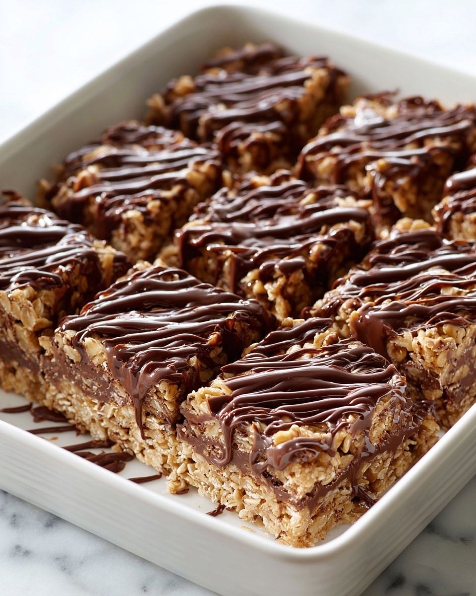 A large white square baking dish filled with an entire batch of homemade no-bake oatmeal chocolate bars, layered with a rich, creamy chocolate center and a textured oat base, generously drizzled on top with dark chocolate sauce creating an inviting glossy finish, all presented on a white marble countertop under natural lighting for a professional food magazine hero shot, photographed from a 3/4 angle to showcase the complete, uncut dessert --ar 4:5 --v 7