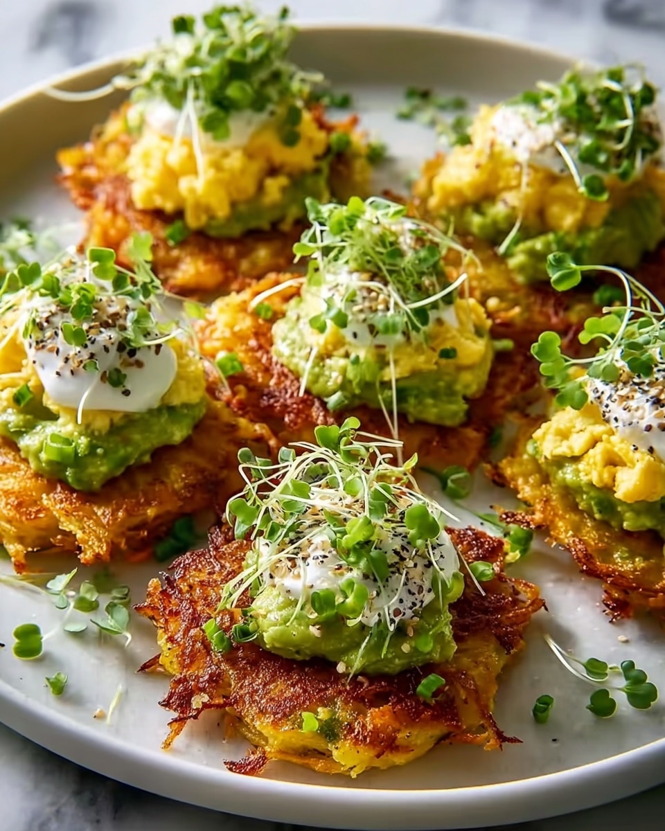 Large white serving platter filled with multiple golden-brown crispy potato latkes topped with vibrant green avocado spread, fluffy scrambled eggs, dollops of creamy sour cream sprinkled with black pepper, chopped chives, sesame seeds, and delicate microgreens, arranged elegantly for a complete presentation, photographed at a 3/4 angle on a white marble background with natural lighting, professional food magazine style photo taken with an iphone --ar 4:5 --v 7