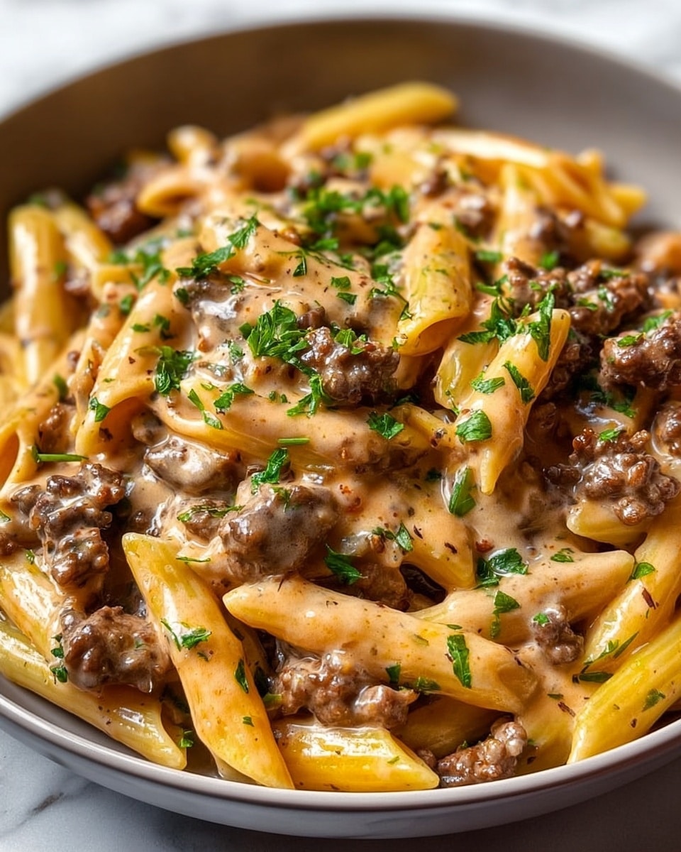 Large white bowl filled with creamy penne pasta baked in a rich, velvety cheese sauce with generous portions of seasoned browned ground beef, sprinkled with fresh chopped parsley and cracked black pepper, creating a hearty and comforting casserole, entire dish shown from a 3/4 angle on a white marble countertop with natural lighting, styled like a food magazine hero shot, photo taken with an iphone --ar 4:5 --v 7