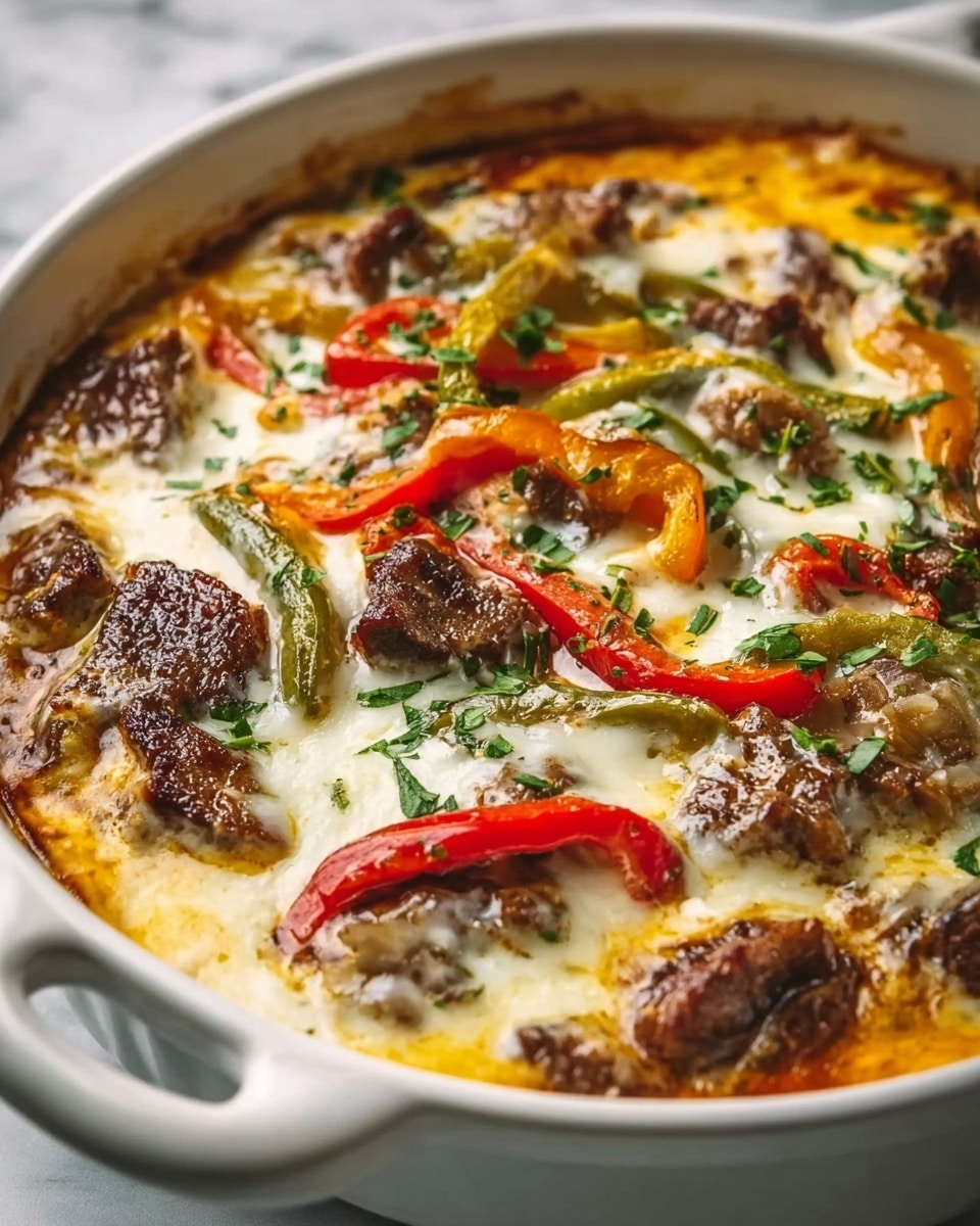 Large white ceramic baking dish filled with cheesy beef and bell pepper casserole, featuring tender chunks of browned beef nestled under a perfectly melted layer of cheese, vibrant strips of green and red bell peppers scattered throughout, garnished with finely chopped fresh herbs, whole dish shown from a 3/4 angle on a white marble countertop, natural lighting highlights the creamy texture and rich colors, professional food styling photo taken with an iphone --ar 4:5 --v 7