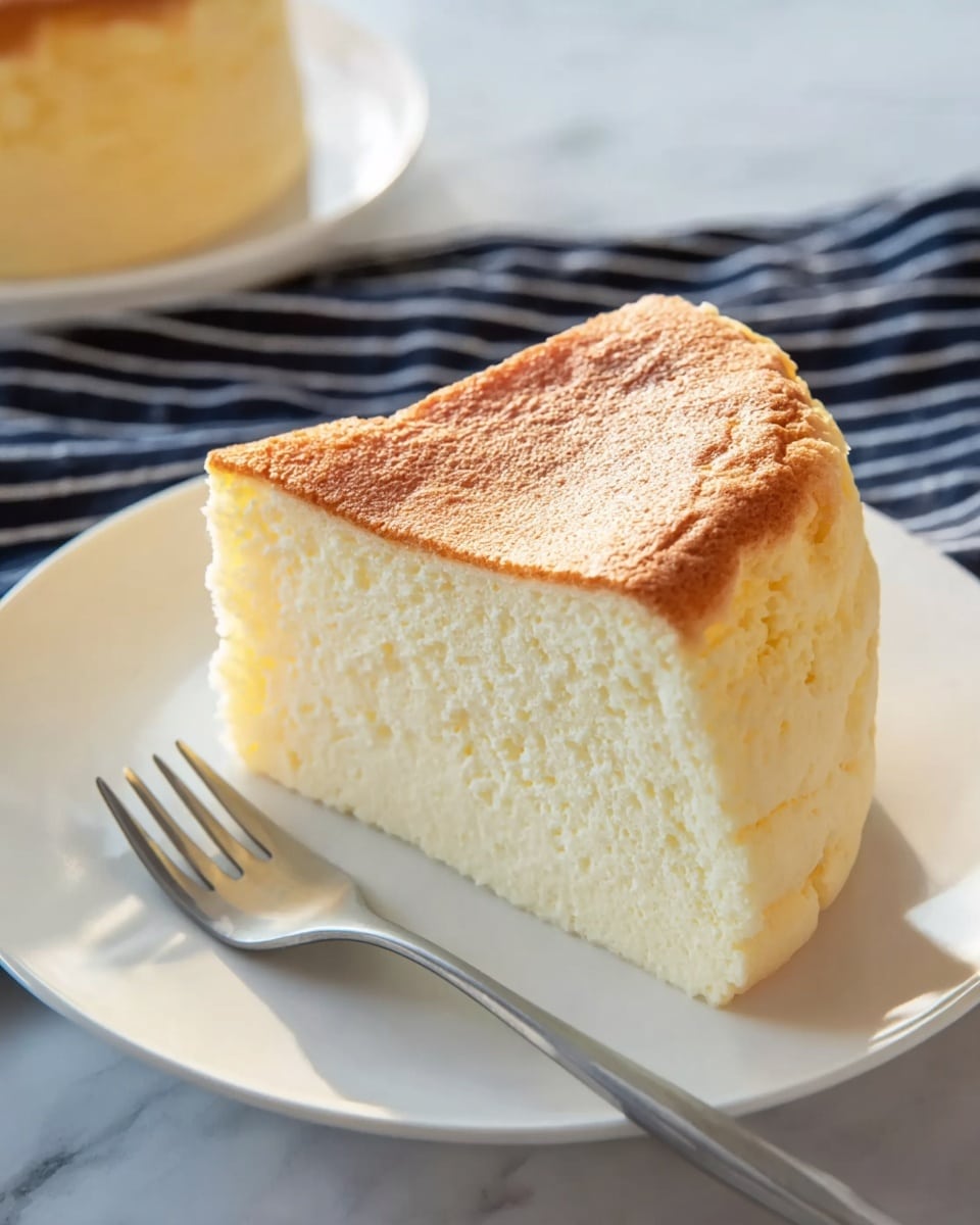 Whole fluffy Japanese cotton cheesecake displayed on a pristine white plate, showcasing its perfectly round shape with a delicate golden-brown top and airy, soft texture throughout, a simple and elegant presentation on a white marble countertop with natural lighting, professional food styling photo taken with an iphone --ar 4:5 --v 7