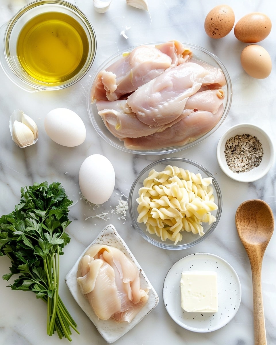 Single white shallow bowl with one plated portion of creamy chicken and egg noodle pasta, featuring tender, golden-browned chicken medallions nestled among curled egg noodles bathed in a rich, velvety sauce, sprinkled with finely chopped fresh parsley, close-up angle emphasizing the moist texture of the chicken and the luscious, glossy sauce coating each noodle, served on a white marble surface with natural lighting, styled as a ready-to-eat intimate serving photo taken with an iphone --ar 4:5 --v 7