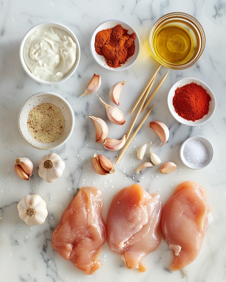 Single white plate featuring one portion of bright red grilled chicken skewers resting on folded pita bread, plated alongside a scoop of vibrant yellow rice, fresh green salad with diced tomatoes and cucumbers, whole pickled green chilies, and a lemon wedge, close-up angled shot emphasizing the charred grill marks and juicy texture of the chicken, all arranged on a white marble surface under natural light, styled like an inviting food blog serving photo taken with an iphone --ar 4:5 --v 7