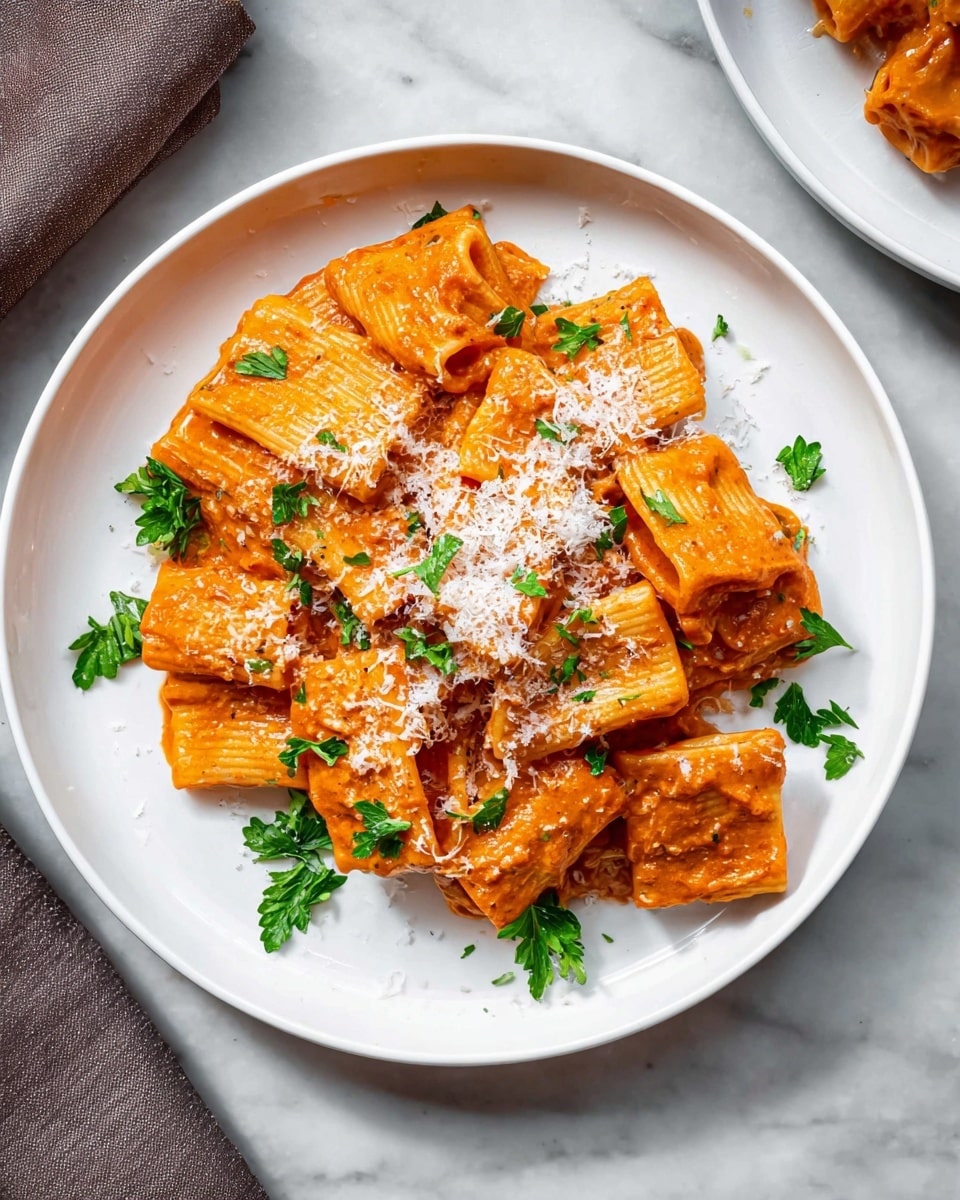 Large white enameled cast iron pot filled with creamy rigatoni pasta tossed in a rich, smooth tomato-cream sauce, generously sprinkled with freshly grated Parmesan cheese and vibrant green parsley leaves, whole dish presented with sauce visibly coating each piece of pasta, styled on a white marble countertop with natural lighting, professional 3/4 angle food magazine hero shot photo taken with an iphone --ar 4:5 --v 7