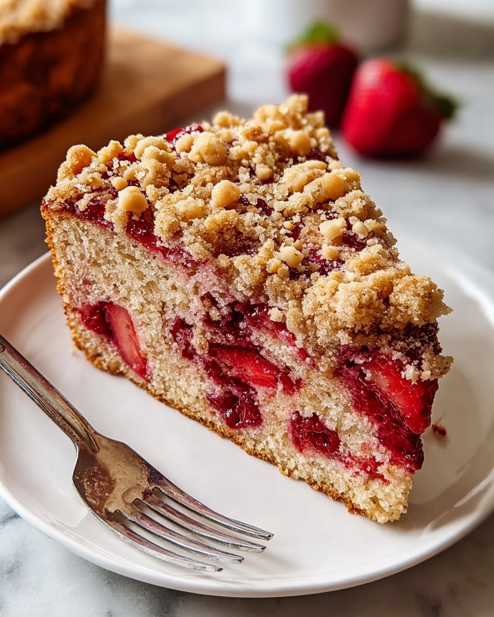 Whole loaf of strawberry crumb cake displayed on a large white platter, showcasing a thick golden crumb topping studded with chopped nuts and a moist, dense cake embedded with vibrant strawberry pieces beneath the crunchy streusel layer, photographed from a professional 3/4 angle on a white marble countertop with natural lighting, styled like a hero shot in a food magazine photo taken with an iphone --ar 4:5 --v 7
