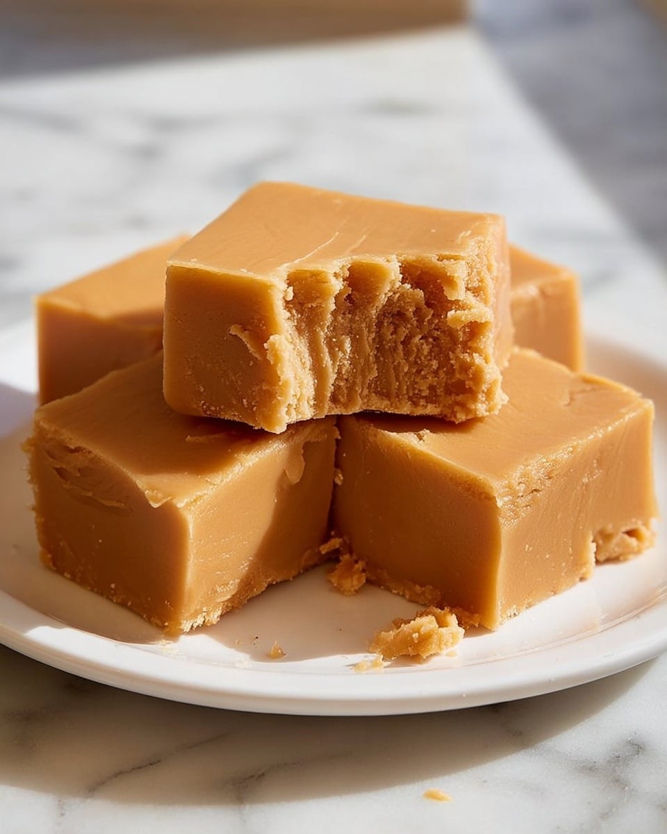 Large white square baking dish filled with rich, creamy caramel fudge, perfectly smoothed on top and softly set throughout, showcasing the entire uncut batch with each piece uniformly thick and luscious, photographed from a professional 3/4 angle on a white marble countertop under natural lighting, a hero shot worthy of a gourmet food magazine, photo taken with an iphone --ar 4:5 --v 7