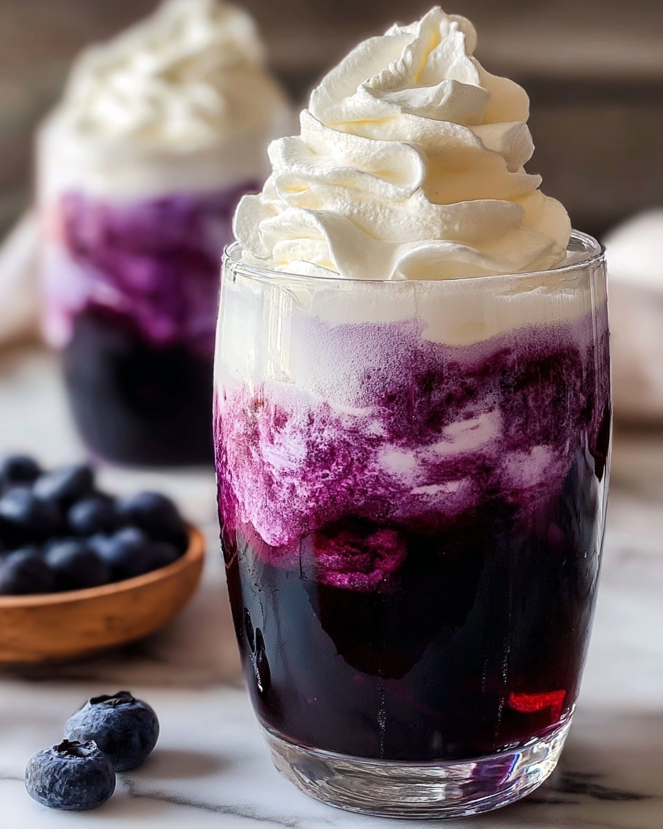 Two tall white glasses filled with a vibrant blueberry layered drink, featuring a deep purple blueberry juice base, topped with a rich creamy lavender froth, crowned with generous swirls of whipped cream, placed side by side on a white marble countertop next to a small pile of fresh blueberries, shot at a professional 3/4 angle with natural lighting, whole drinks fully visible and styled like a hero food magazine photograph, photo taken with an iphone --ar 4:5 --v 7