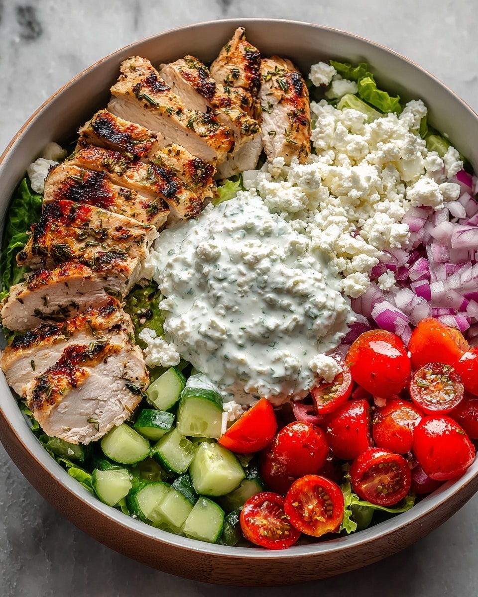 Large white bowl filled with a complete serving of grilled seasoned chicken slices, diced cucumbers, chopped red onions, cherry tomatoes, crumbled feta cheese, and creamy tzatziki sauce placed over a bed of fresh leafy greens with a lemon wedge on the side, all arranged neatly and vibrantly, photographed from a 3/4 angle on a white marble background with natural lighting, professional food magazine style photo taken with an iphone --ar 4:5 --v 7