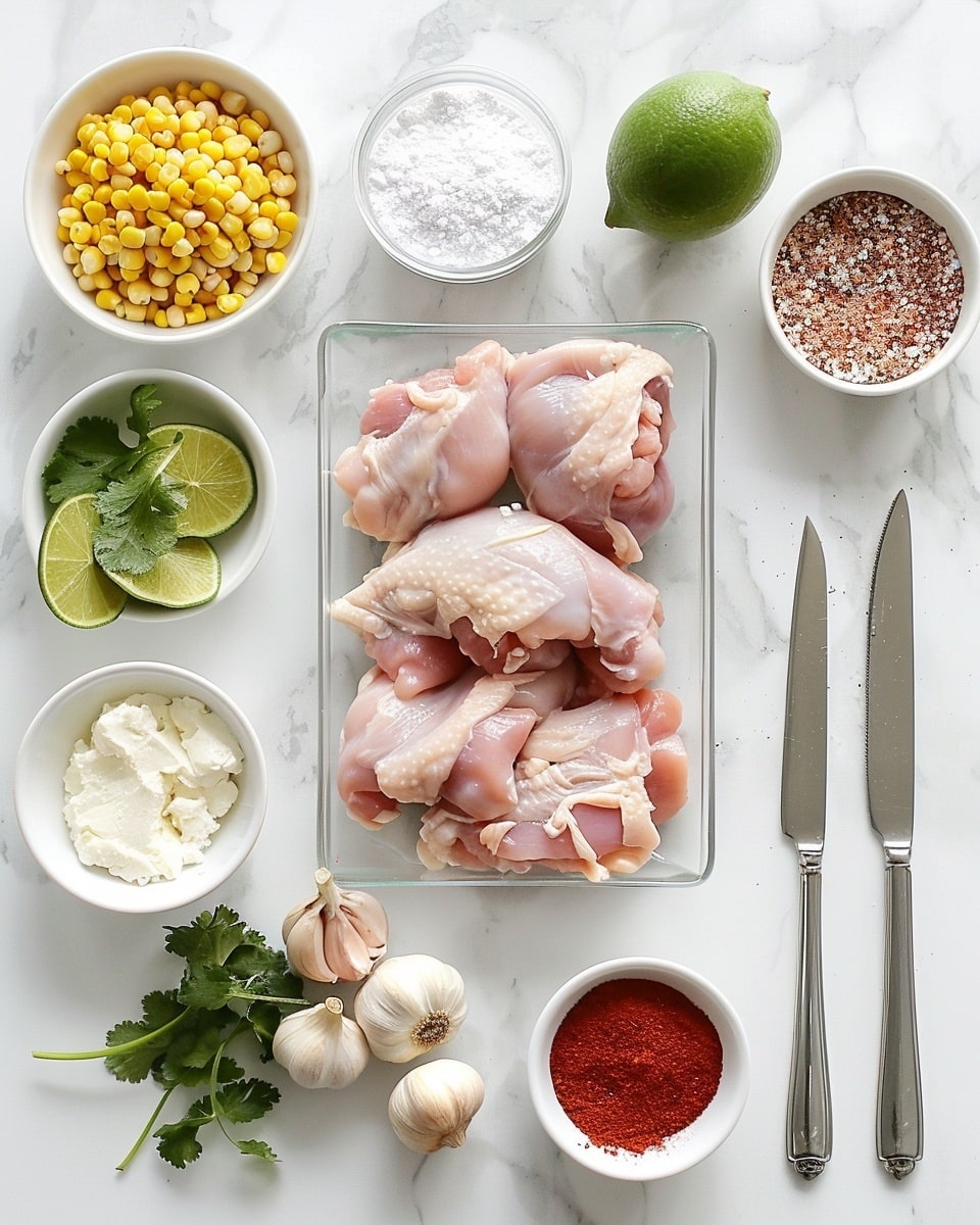 Single white plate featuring one portion of golden-brown roasted chicken thigh topped with crumbled white cheese and fresh chopped cilantro, resting on a bed of vibrant yellow corn kernels glistening with buttery juices, close-up angled shot emphasizing the moist, tender interior texture of the chicken and glossy corn, natural lighting highlighting the crisped skin and herb garnish, set on a white marble surface, intimate plated serving photo taken with an iphone --ar 4:5 --v 7