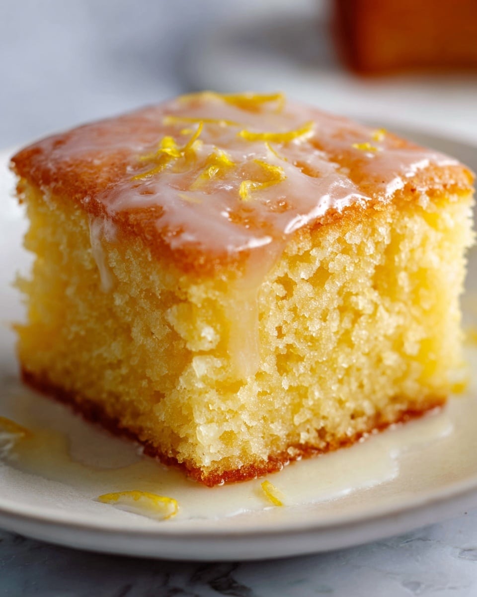 Whole square lemon cake in a white rectangular baking pan, showcasing its moist and dense texture with a smooth, glossy lemon glaze dripping slightly over the edges, presented on a pristine white marble countertop with natural lighting highlighting the vibrant yellow color, styled as a professional food magazine hero shot, photo taken with an iphone --ar 4:5 --v 7