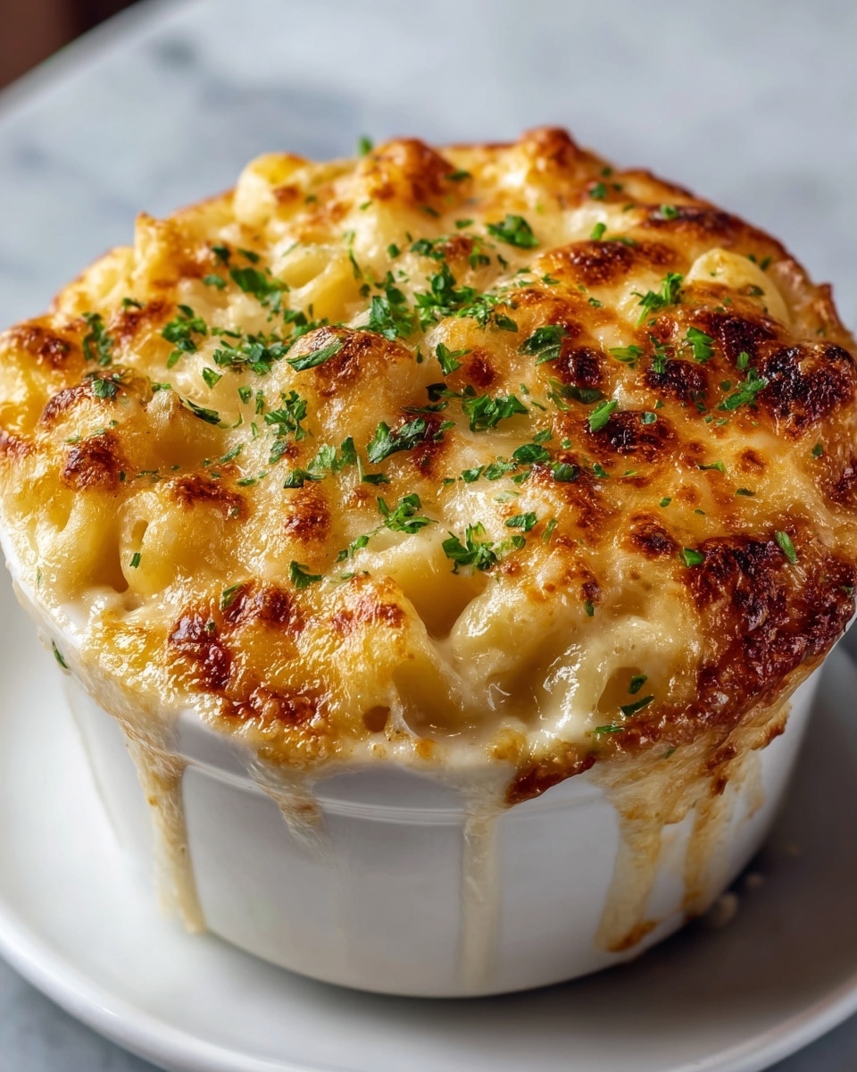 Large white ceramic baking dish filled with golden baked macaroni and cheese, topped with a perfectly browned, crispy cheese crust and breadcrumbs, a few small fresh herb leaves scattered on top for garnish, creamy cheese sauce visible beneath the bubbly crust, whole dish showcased from a slight 3/4 angle on a white marble countertop with natural light emphasizing the rich textures, professional food styling photo taken with an iphone --ar 4:5 --v 7