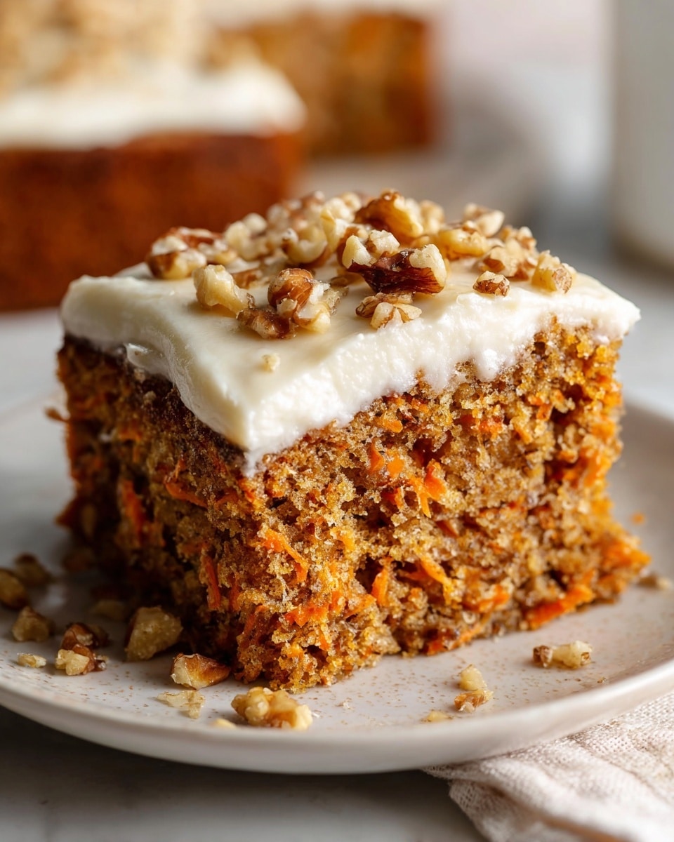 Whole square white baking pan filled with moist carrot cake topped with a thick layer of creamy white frosting and sprinkled generously with chopped pecans, the entire dish shown from a professional 3/4 angle shot on a white marble countertop with natural lighting, styled as a hero food magazine photograph, photo taken with an iphone --ar 4:5 --v 7