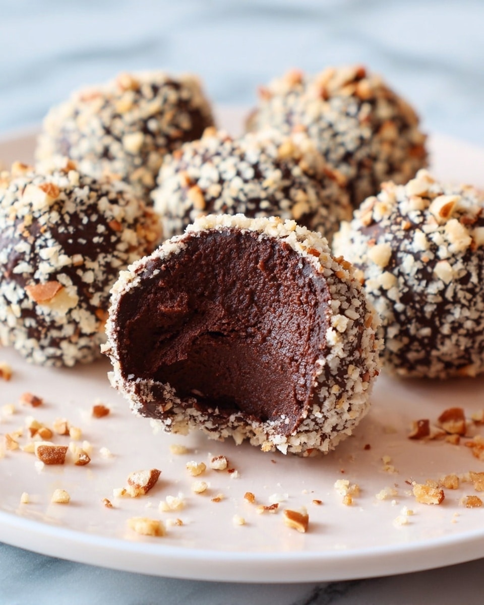 A large white plate elegantly piled with whole round chocolate truffles generously coated in crushed nuts, each truffle perfectly spherical with a rich, dark chocolate center visible on one truffle to showcase the dense, fudgy texture inside, the nuts providing a contrasting light and crunchy exterior, arranged as a complete cluster on a white marble surface under natural lighting, captured from a slight 3/4 angle in a professional food magazine style, photo taken with an iphone --ar 4:5 --v 7