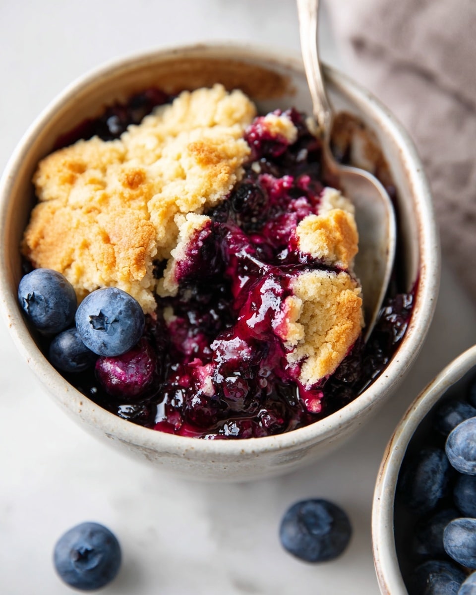 White ceramic baking dish filled with a whole blueberry crumble, featuring a generous golden, crumbly topping baked to perfection over a vibrant, bubbling deep purple blueberry filling, fresh whole blueberries scattered artfully around the dish on a white marble background, natural light emphasizing the shine and textures, professional food magazine hero shot, photo taken with an iphone --ar 4:5 --v 7