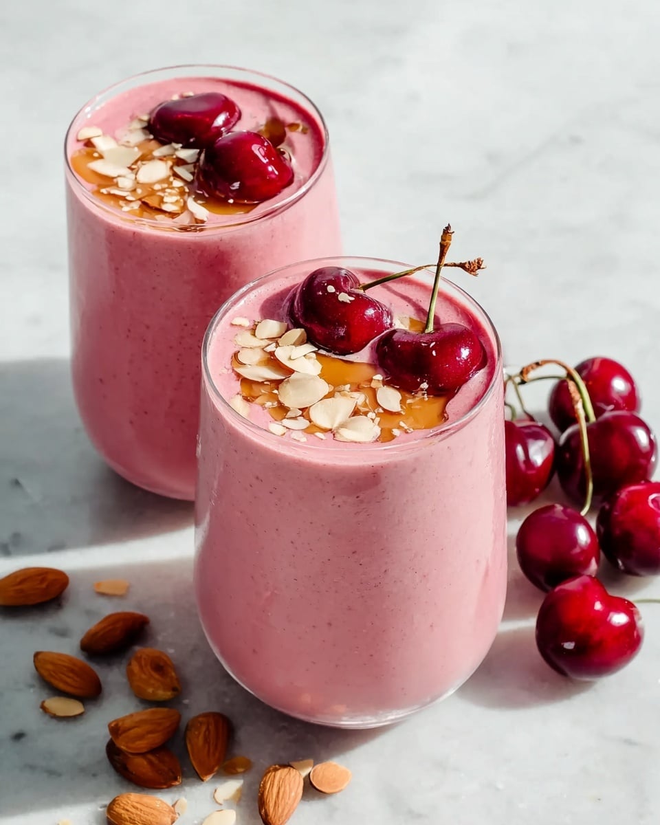 Two large white glasses filled to the brim with creamy cherry almond smoothie topped with whole fresh cherries, thinly sliced toasted almonds, and a delicate drizzle of honey, both glasses arranged together on a white marble countertop with natural lighting highlighting the vibrant pink color and smooth texture, styled as a hero shot for a food magazine, photo taken with an iphone --ar 4:5 --v 7