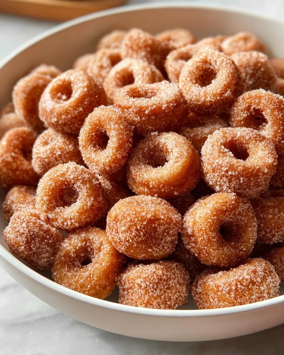 Large white bowl overflowing with cinnamon sugar-coated mini doughnuts, each perfectly round and evenly dusted with a warm cinnamon-spice blend, creating a textured and inviting surface. The doughnuts are piled high, showcasing their fluffy, golden-brown exterior. The scene is captured at a 3/4 angle on a white marble countertop, illuminated by natural light that highlights the sugary coating and soft texture, styled like a hero shot from a high-end food magazine, photo taken with an iphone --ar 4:5 --v 7