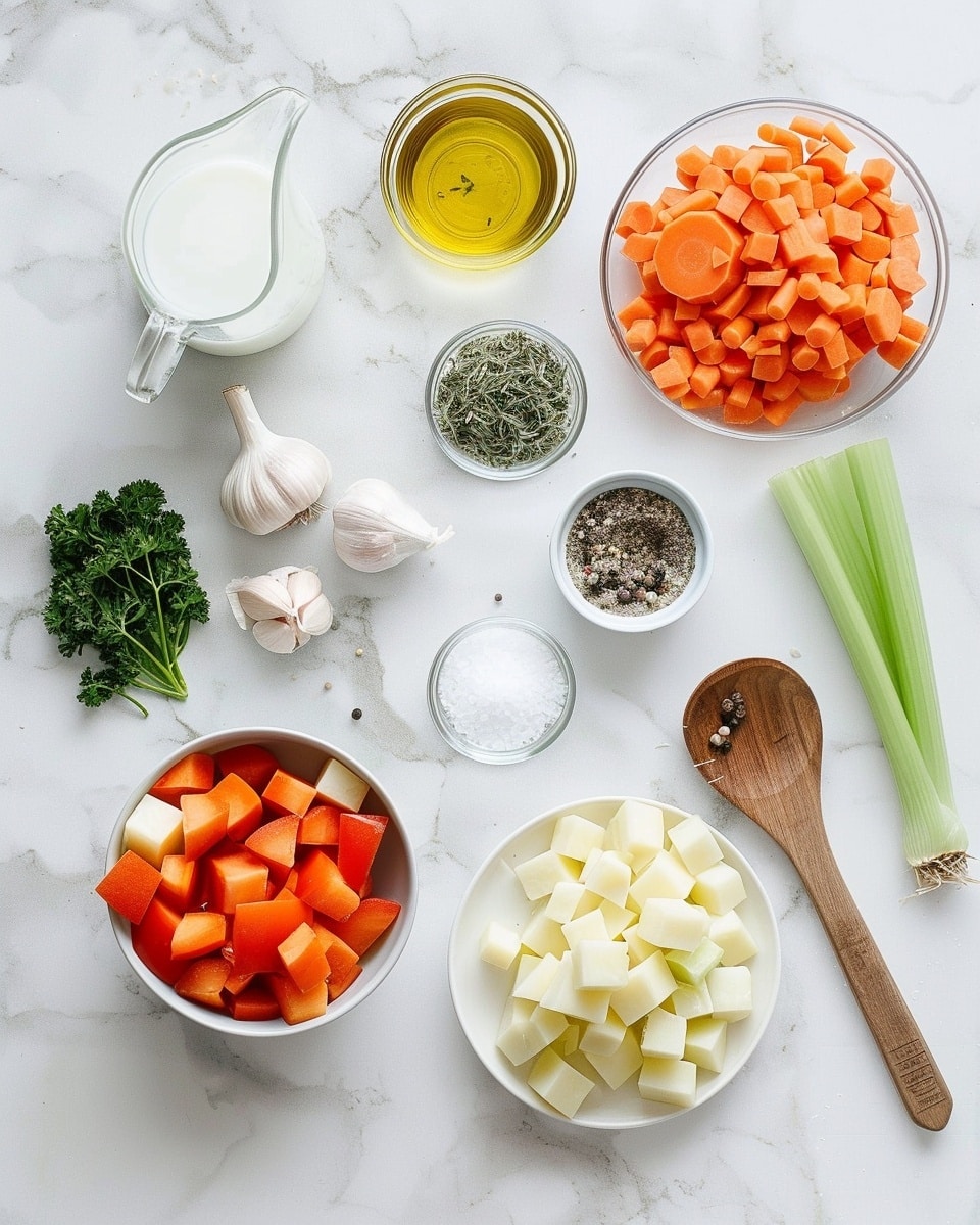 Single white bowl filled with a creamy chicken and vegetable chowder featuring tender shredded chicken, chunky carrot slices, large potato pieces, and sweet corn kernels in a rich, golden broth, garnished with fresh thyme and cracked black pepper, close-up angle emphasizing the hearty textures and colors, placed on a white marble surface, natural lighting highlighting the warmth and freshness of the soup, intimate plated serving photo taken with an iphone --ar 4:5 --v 7