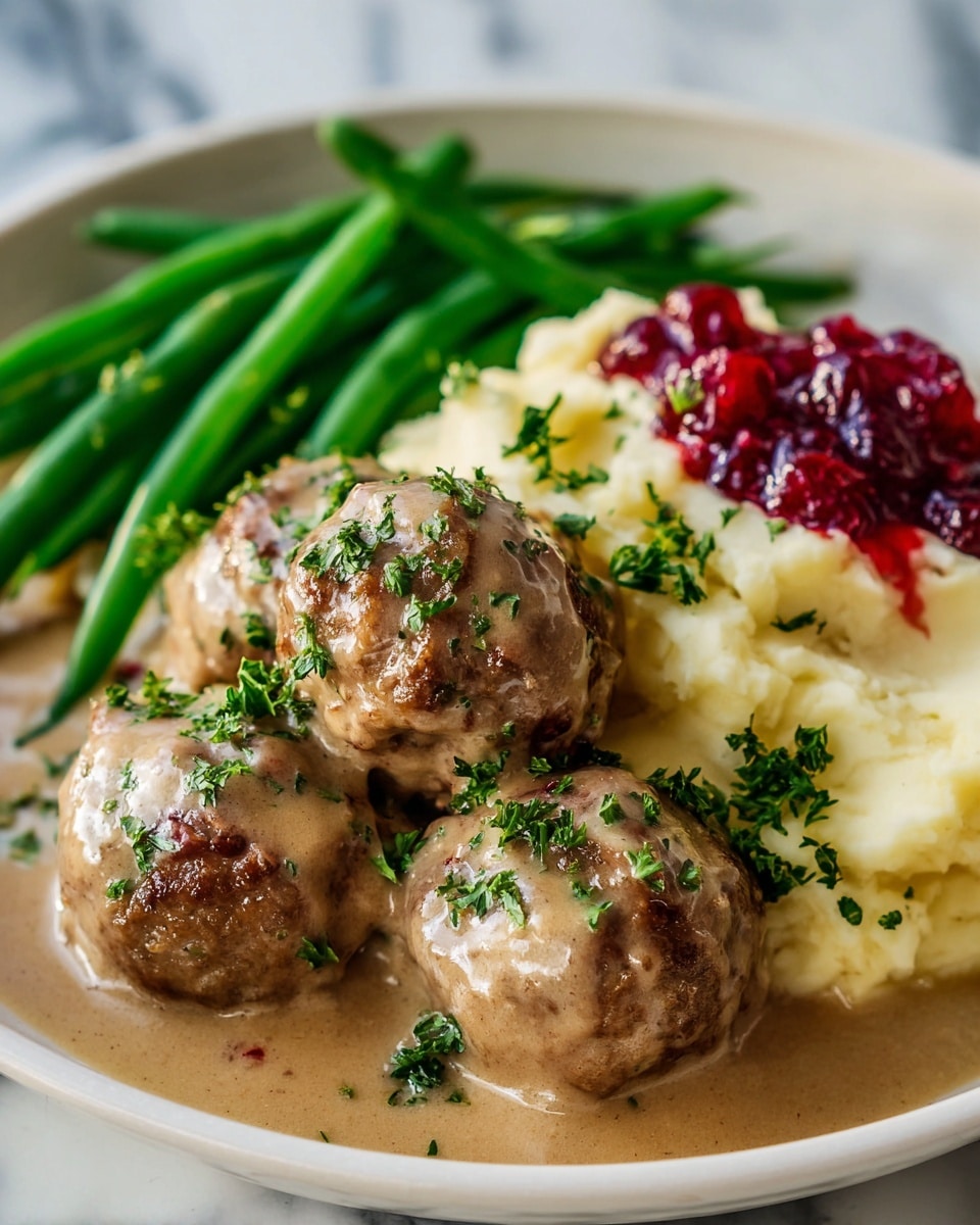 Large white skillet filled with a generous batch of perfectly browned Swedish meatballs simmering in rich, creamy gravy sauce, garnished with finely chopped fresh parsley and ground black pepper, the whole dish captured in an inviting 3/4 angle shot on a white marble countertop with natural lighting, styled like a hero shot from a food magazine, photo taken with an iphone --ar 4:5 --v 7