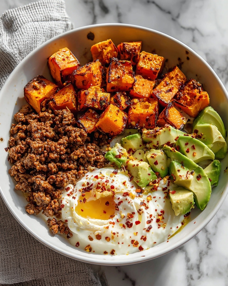 Large white serving bowl filled with a vibrant and colorful ground beef and roasted sweet potato bowl, featuring ample portions of seasoned ground beef, juicy roasted sweet potato cubes, fresh diced avocado, and creamy cottage cheese drizzled with honey and sprinkled with red pepper flakes, all arranged neatly to showcase the variety of textures and flavors in a wholesome meal, photographed from a 3/4 angle on a white marble countertop with natural lighting, professional food magazine hero shot, photo taken with an iphone --ar 4:5 --v 7