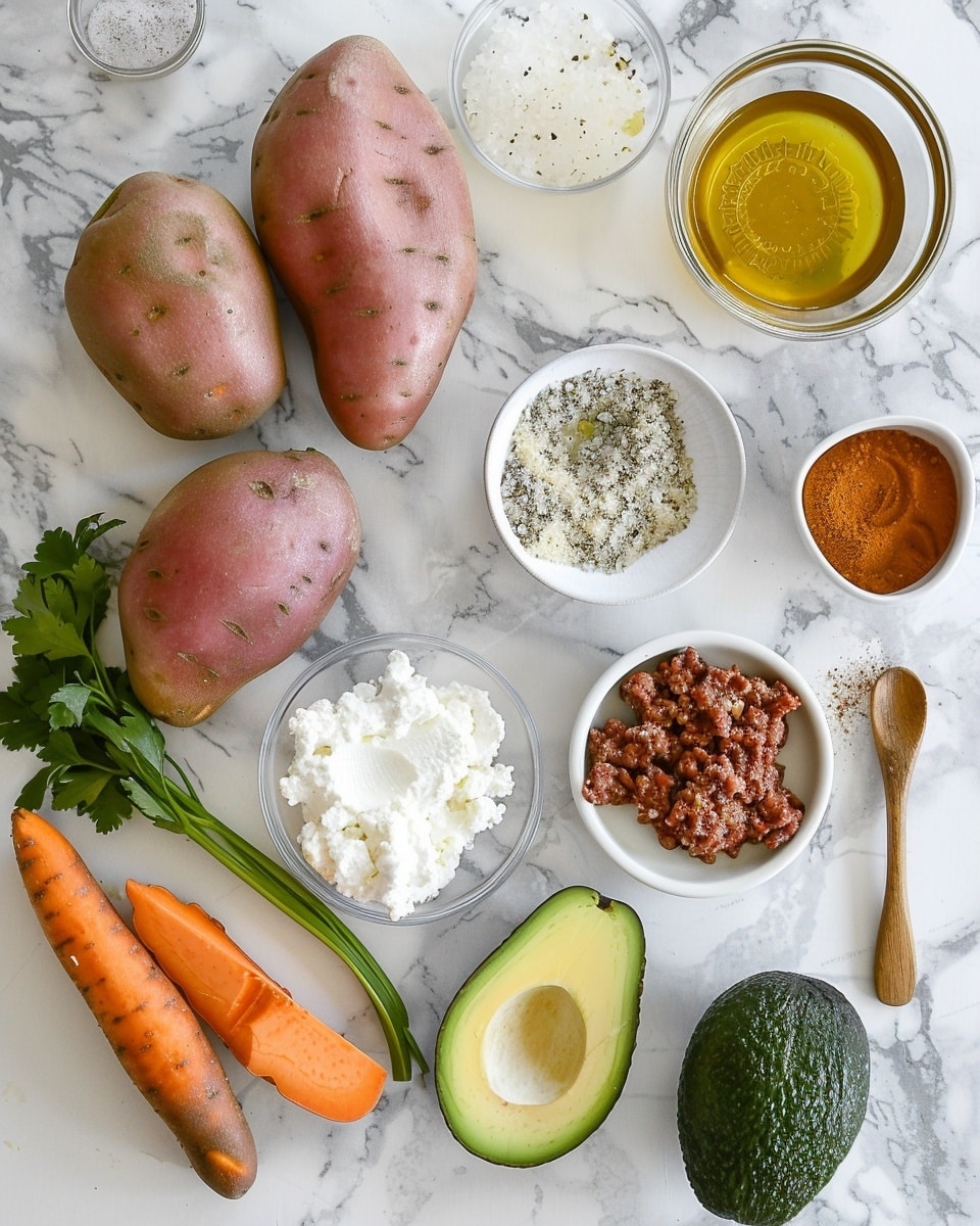 Single white bowl with a close-up view of a plated serving featuring a neat portion of seasoned ground beef, golden roasted sweet potato cubes with a lightly charred exterior, creamy cottage cheese drizzled with honey and sprinkled with red pepper flakes, and fresh diced avocado also accented with red pepper flakes, all arranged in distinct sections to emphasize the varied textures and colors, placed on a white marble surface with natural lighting, styled like a cozy and inviting food blog shot, photo taken with an iphone --ar 4:5 --v 7