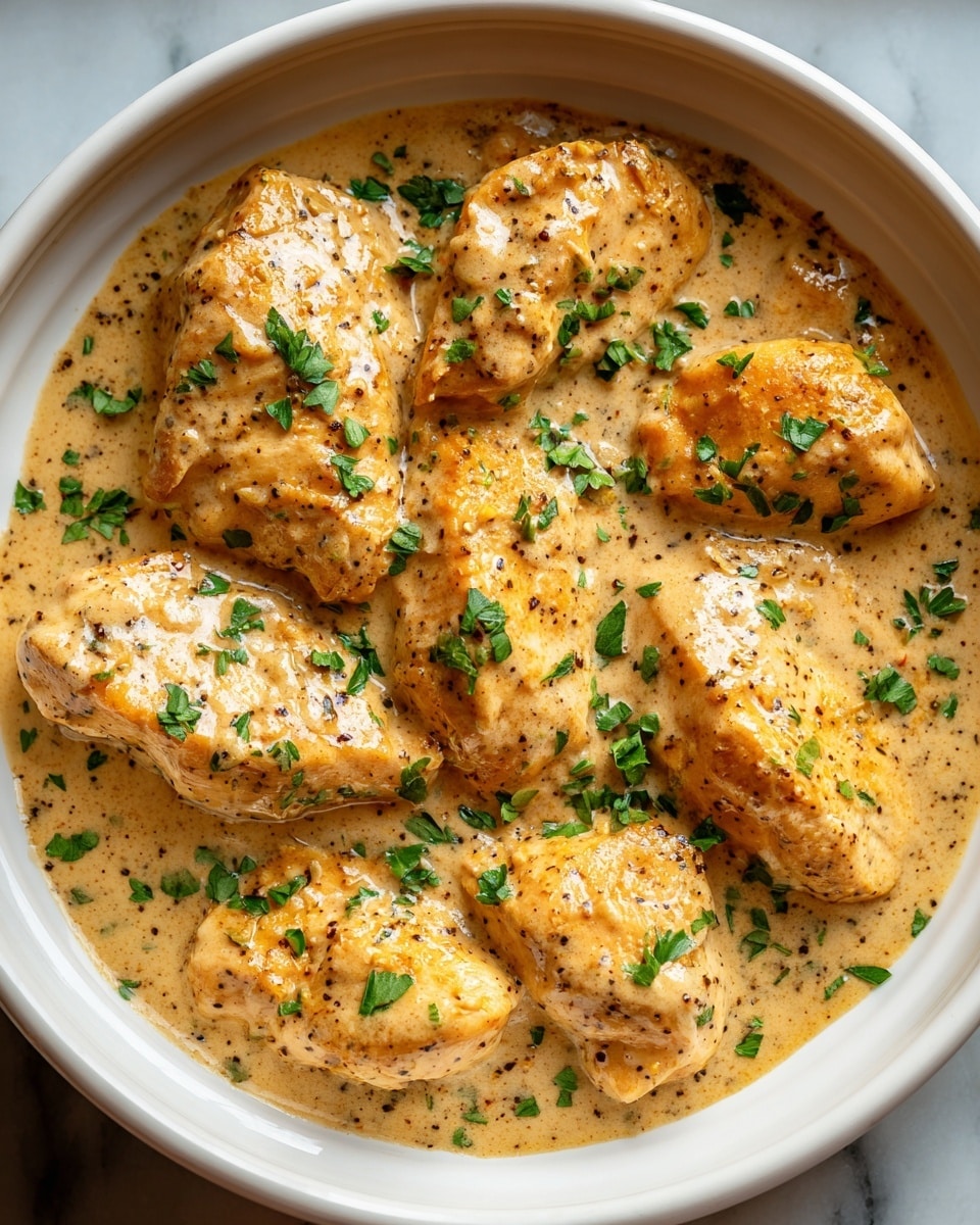 Round black slow cooker filled with whole cooked chicken breasts in creamy sauce, garnished with freshly chopped parsley and cracked black pepper, showcasing the entire dish bursting with rich golden sauce in a professional 3/4 angle shot on a white marble background, natural lighting, styled like a hero food magazine photo, photo taken with an iphone --ar 4:5 --v 7