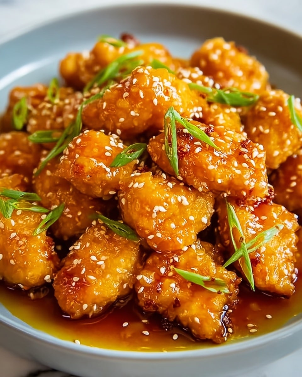 Large white skillet filled with a whole batch of glazed golden honey sesame chicken bites, generously coated in a glossy amber sauce, sprinkled with vibrant green chopped scallions and lightly toasted sesame seeds, arranged evenly to showcase the full dish, professional 3/4 angle shot on white marble background with natural lighting, styled like a hero food magazine photo taken with an iphone --ar 4:5 --v 7