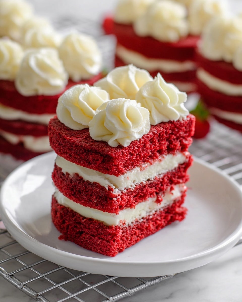 Whole red velvet layer cake on a large white serving plate, showing multiple layers of moist red sponge cake with thick, beautifully piped swirls of creamy white frosting between each layer and on top, garnished with fresh whole strawberries, photographed from a 3/4 angle on a white marble countertop with natural lighting, styled as a professional food magazine hero shot, photo taken with an iphone --ar 4:5 --v 7