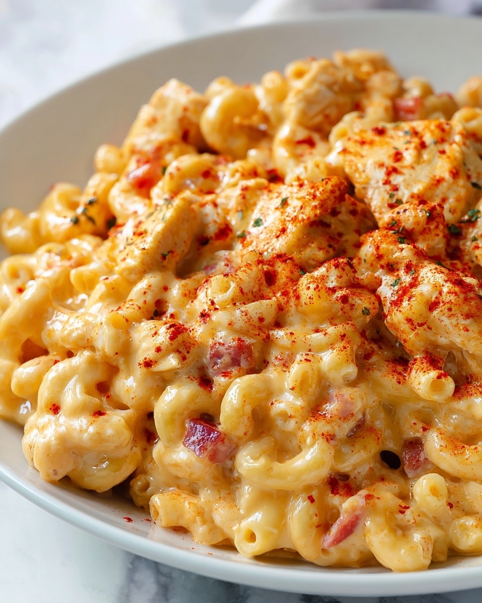 Large white rectangular baking dish filled with creamy baked macaroni and tender whole chicken wings evenly nestled throughout, generously coated in a rich cheese sauce and sprinkled with bright red paprika for a vibrant finish, the casserole presented as a whole uncut dish, captured in a professional 3/4 angle shot on a pristine white marble surface with natural lighting, styled as a mouthwatering hero food magazine shot, photo taken with an iphone --ar 4:5 --v 7