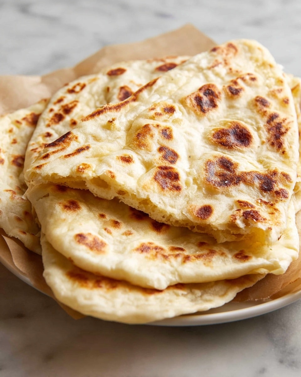 Stack of multiple freshly cooked golden brown naan breads on white parchment paper, each naan showing soft, airy texture with traditional bubbly spots and light charring, arranged to highlight their fluffy and uneven shapes, presented on a white marble countertop with natural lighting, capturing the whole batch in a professional overhead food magazine style photo taken with an iphone --ar 4:5 --v 7