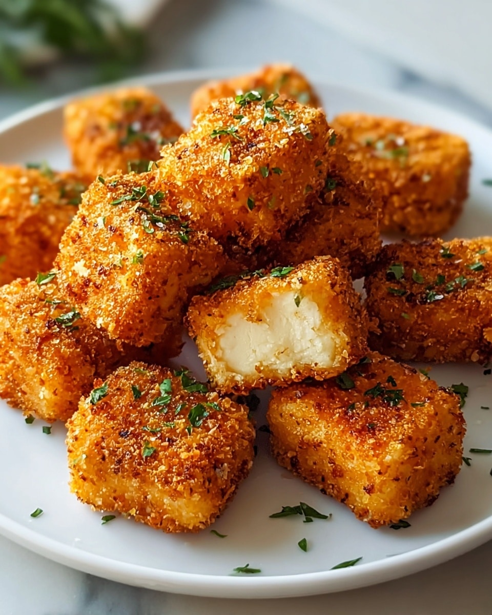 Large white plate heaped with a full serving of golden-brown crispy fried tofu nuggets, each piece perfectly breaded with crunchy coating and garnished with finely chopped fresh parsley, showcasing the warm, textured exterior and soft interior of the tofu, photographed from a close 3/4 angle with natural lighting on a white marble countertop, professional food magazine hero shot photo taken with an iphone --ar 4:5 --v 7