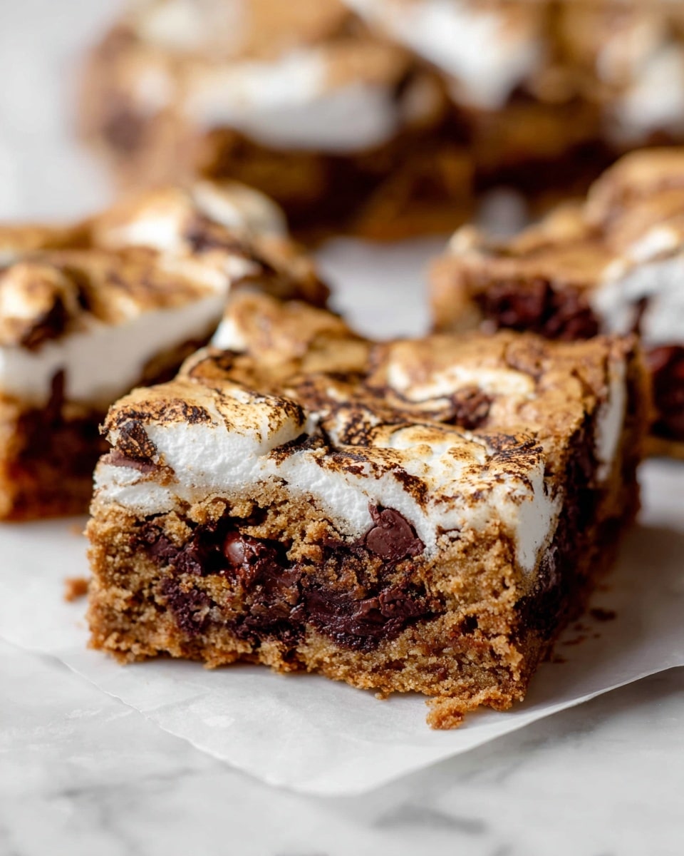 Large white square baking pan filled with an entire batch of rich, golden brown chocolate chip cookie bars topped with a layer of fluffy, lightly browned marshmallow swirls, showing a textured, slightly cracked surface of the luscious dessert, presented on white parchment paper, photographed from above on a white marble countertop with natural lighting, professional food magazine hero shot, photo taken with an iphone --ar 4:5 --v 7