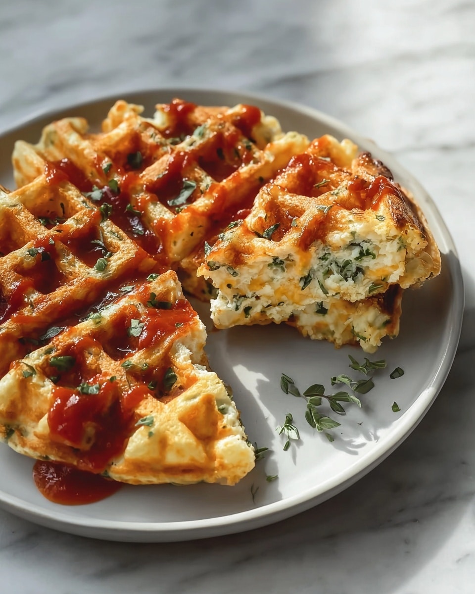 A large white plate filled with a neat stack of golden, crispy cauliflower waffles, speckled with finely chopped herbs, each waffle topped with dollops of vibrant red tomato salsa, the whole dish photographed from a three-quarter angle on a white marble countertop, natural lighting highlighting the texture and freshness, styled like a hero shot from a food magazine, photo taken with an iphone --ar 4:5 --v 7