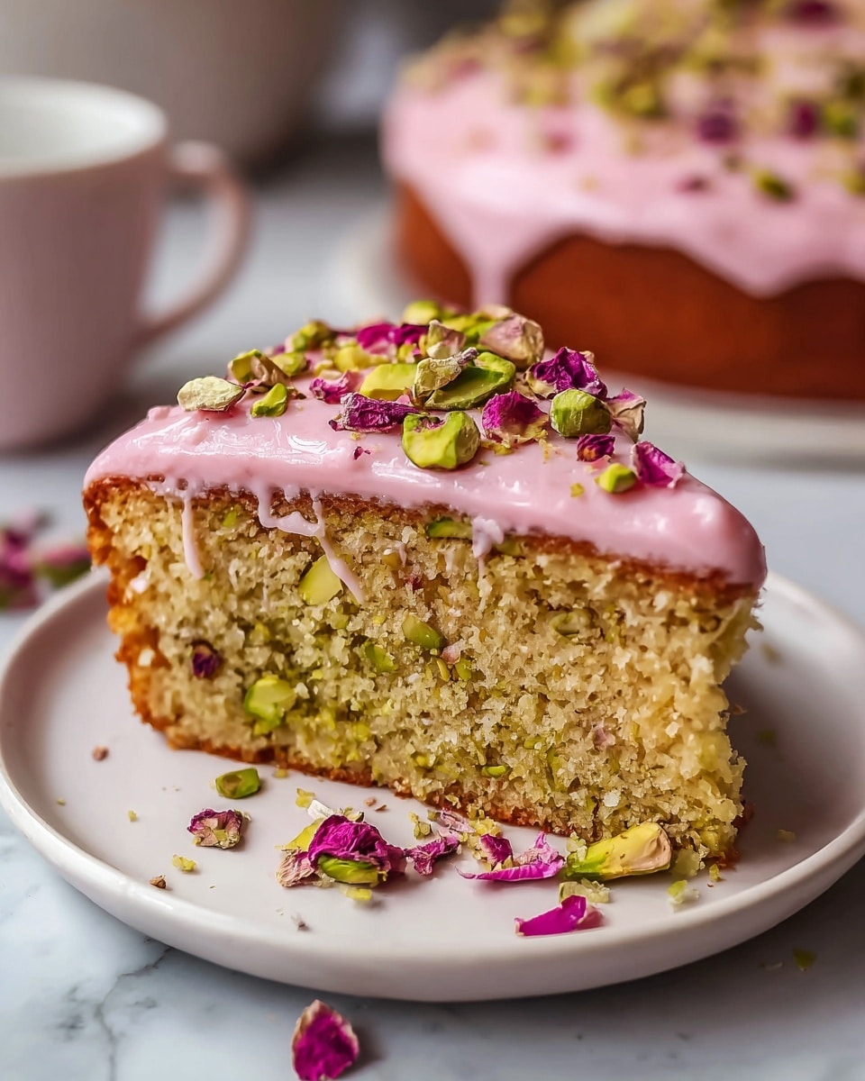 Whole round cake on a large white plate, featuring moist almond cake topped with smooth pink rose-flavored glaze that gently drips over the edges. The surface is decorated with scattered vibrant green pistachio halves and bright pink dried rose petals, creating a luxurious and inviting texture. The cake is shown from a 3/4 angle on a white marble background with natural lighting, capturing the full uncut cake in a professional, food magazine hero shot style, photo taken with an iphone --ar 4:5 --v 7