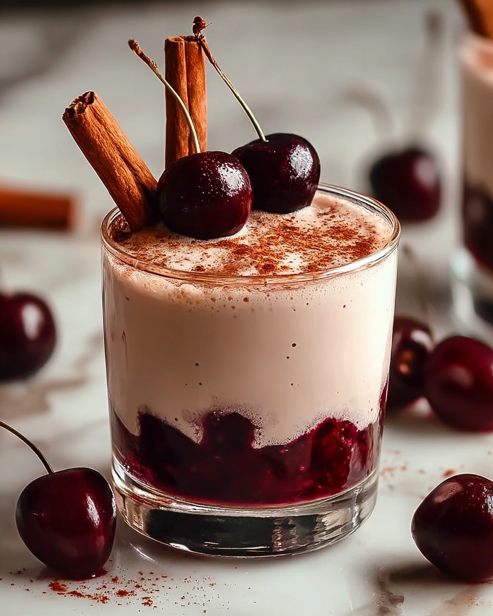 A large white serving dish filled with layered dessert featuring rich creamy textures and distinct layers of velvety chocolate and vanilla cream, studded throughout with whole fresh cherries, topped with a dusting of cinnamon powder and garnished with multiple cinnamon sticks elegantly placed standing upright, surrounded by scattered cherries on a white marble countertop, natural soft lighting highlighting the glossy cherries and smooth cream, professional food magazine hero shot photo taken with an iphone --ar 4:5 --v 7