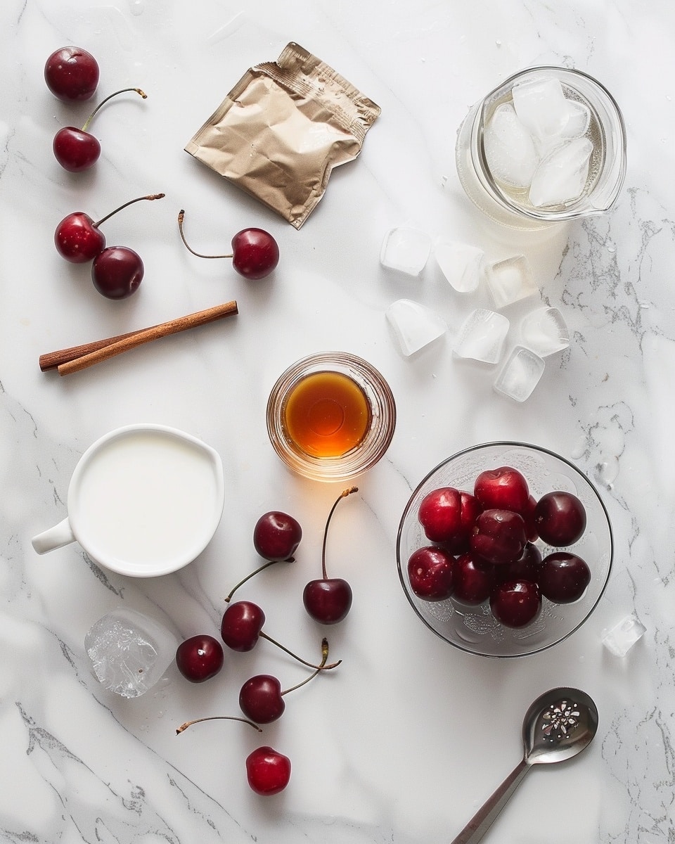 Single white ceramic glass filled with a creamy layered cherry and cinnamon cocktail, showing a close-up view of the rich cherry-infused bottom layer and frothy, spiced cream on top, garnished with two whole cherries and two upright cinnamon sticks, deep red cherry juices visible through the glass, lightly dusted with cinnamon powder, placed on a white marble surface, intimate styled individual serving photo taken with an iphone --ar 4:5 --v 7
