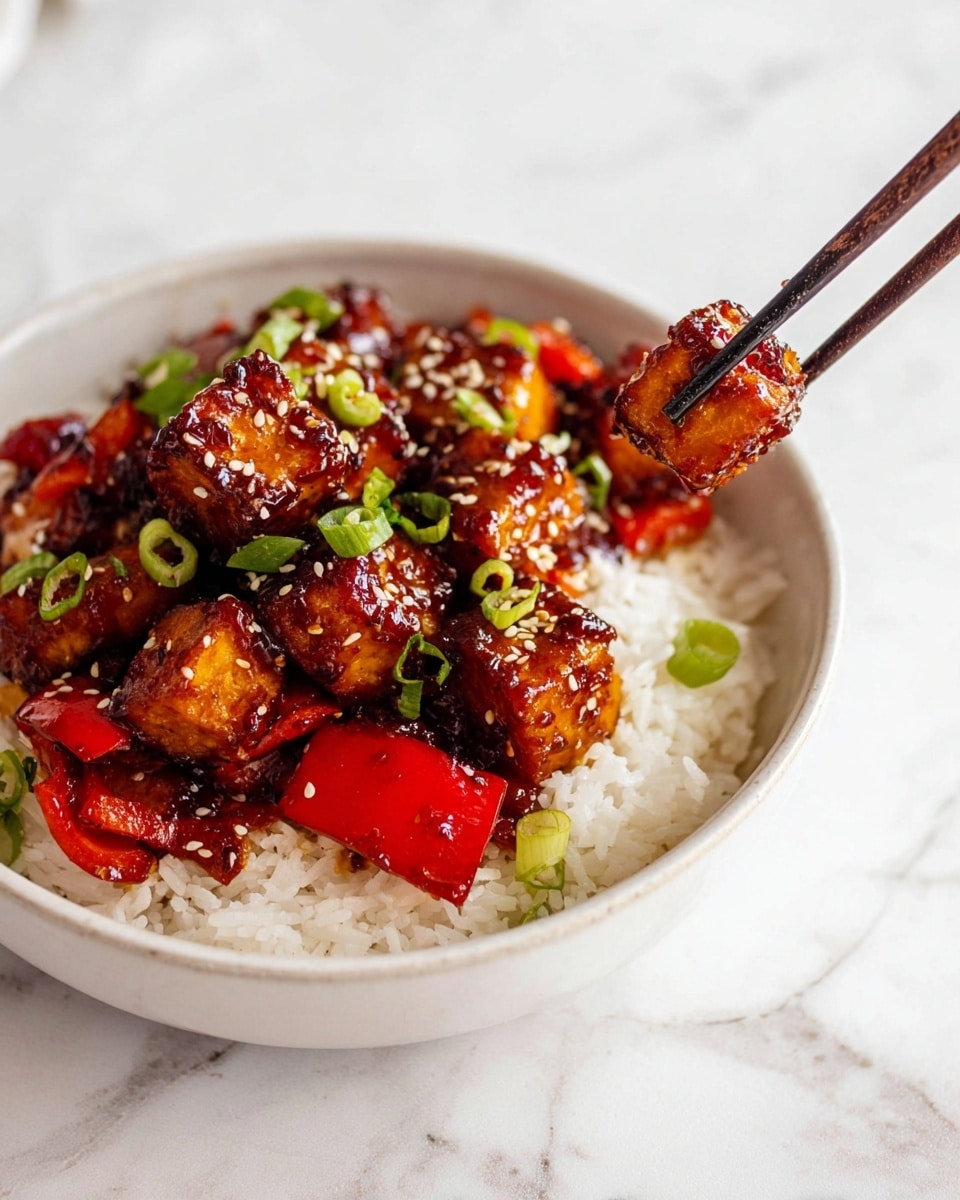 Large white bowl filled with a vibrant tofu stir-fry featuring glossy cubes of marinated tofu, bright red and green bell peppers, and scallions, all served over a generous bed of fluffy white rice, sprinkled with toasted sesame seeds and chili flakes, multiple bowls arranged next to each other on a white marble countertop, natural lighting highlighting the fresh textures and rich colors, professional food magazine hero shot photographed with an iphone --ar 4:5 --v 7