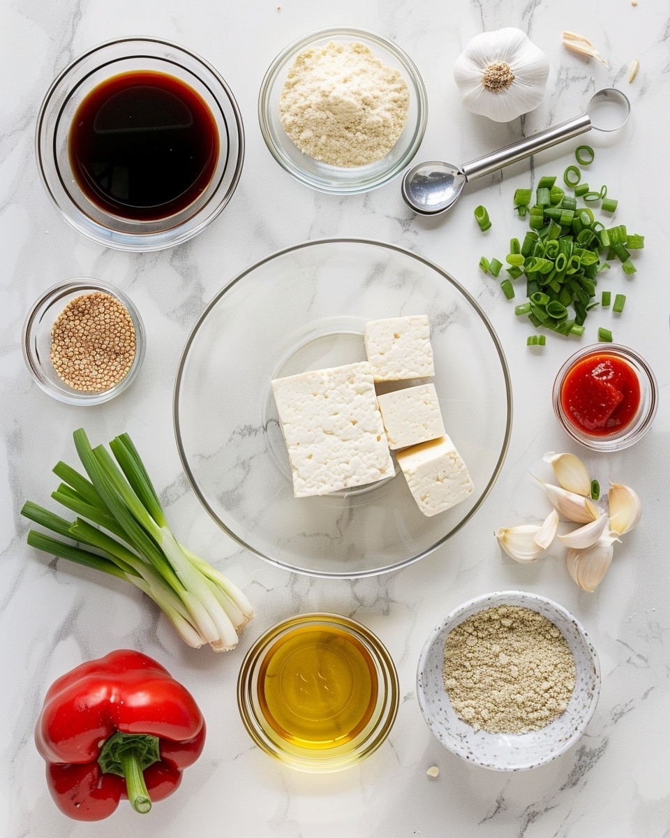 Single white bowl filled with a close-up serving of sticky glazed tofu cubes and sautéed red bell peppers over fluffy white rice, garnished with sliced green onions and sprinkled with sesame seeds, chopsticks picking up one tofu cube highlighting the glossy sauce and tender texture, arranged on a white marble surface with natural lighting, intimate plated serving photo taken with an iphone --ar 4:5 --v 7